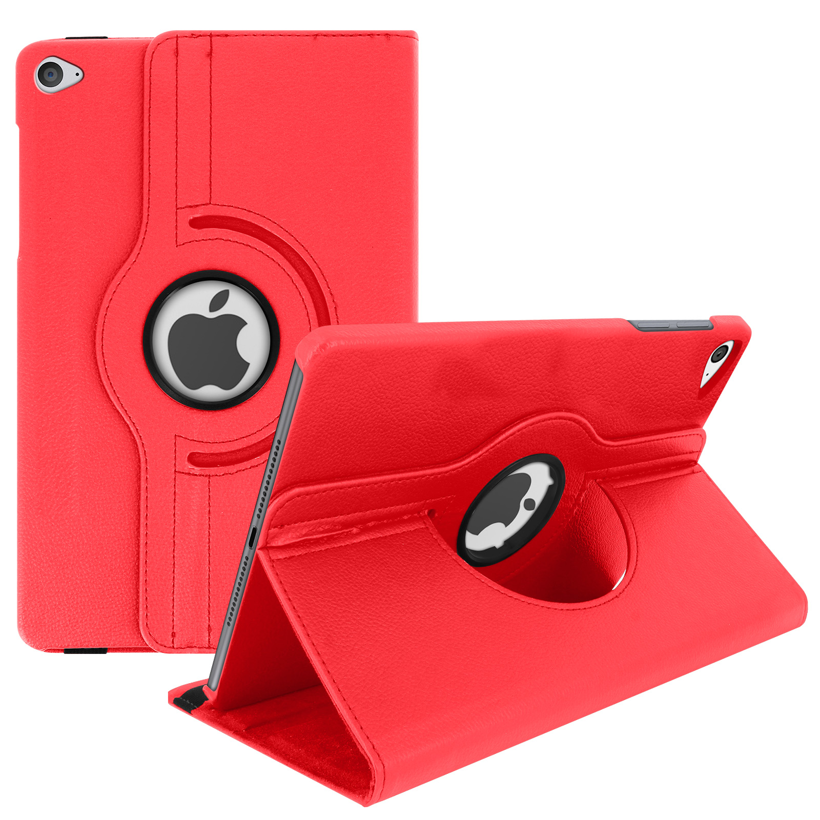 Una custodia rossa per tablet in diverse posizioni, con il logo Apple visibile.