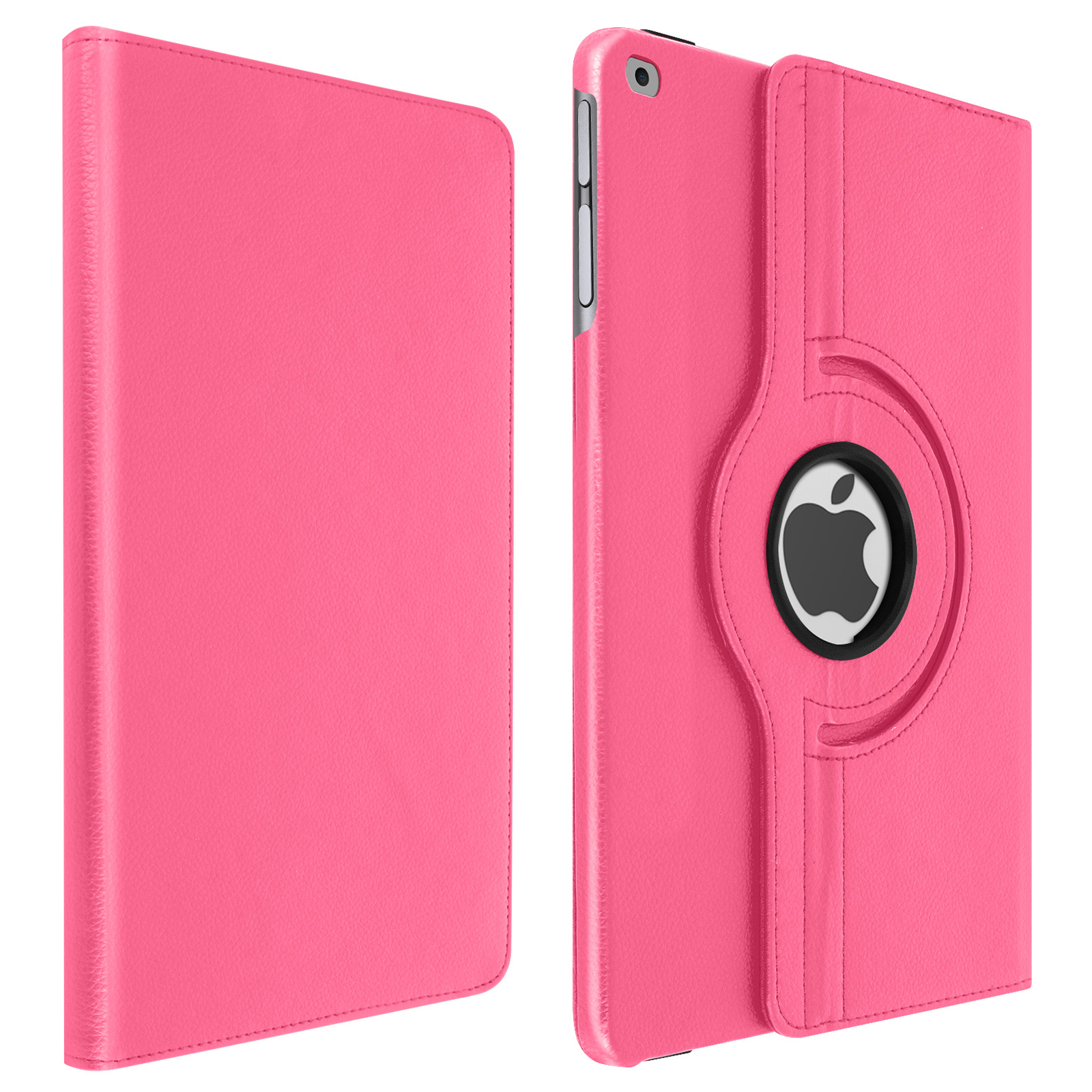 Una custodia per tablet rosa, parzialmente aperta, con logo Apple, su bianco.