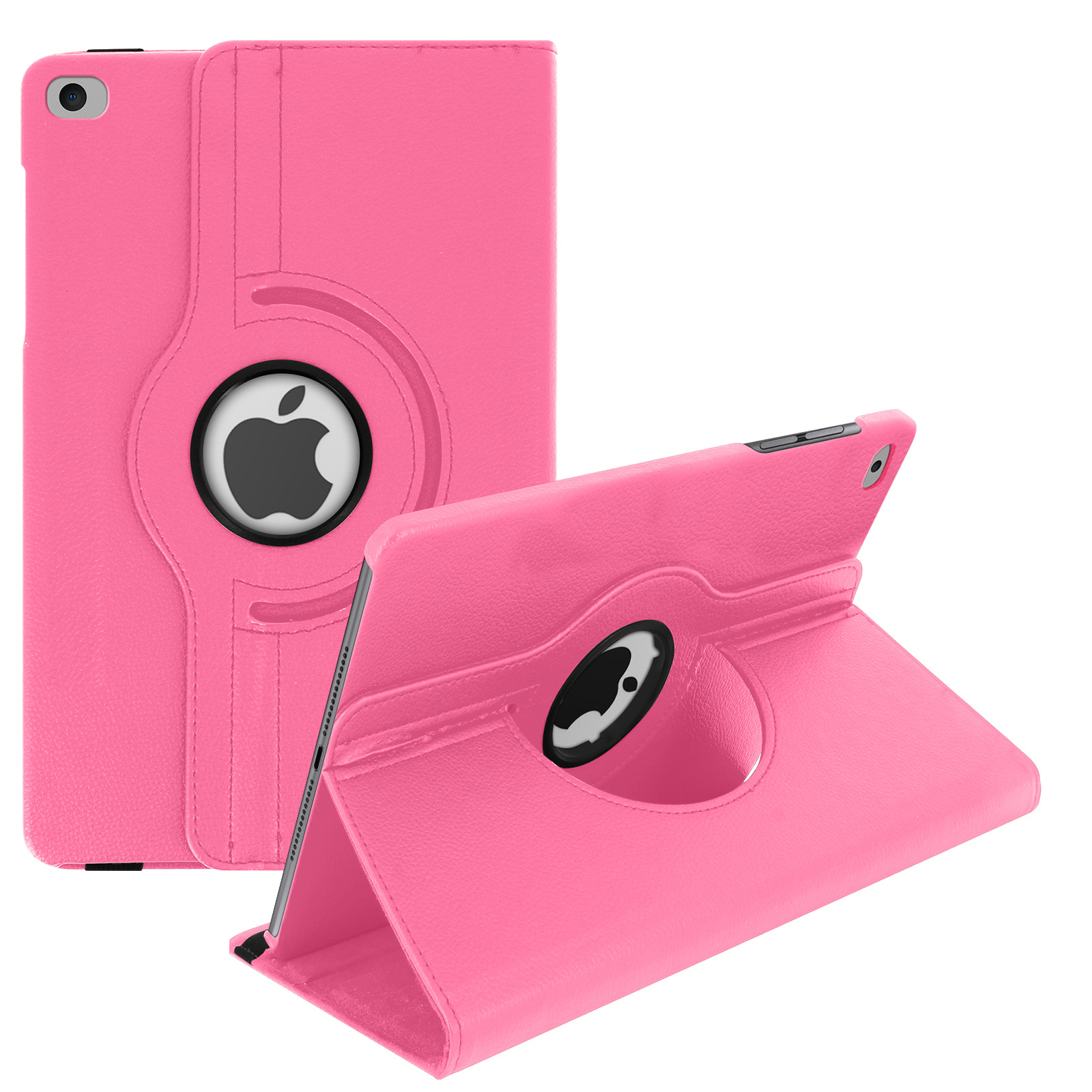 Custodia iPad rosa, viste aperta e chiusa.
