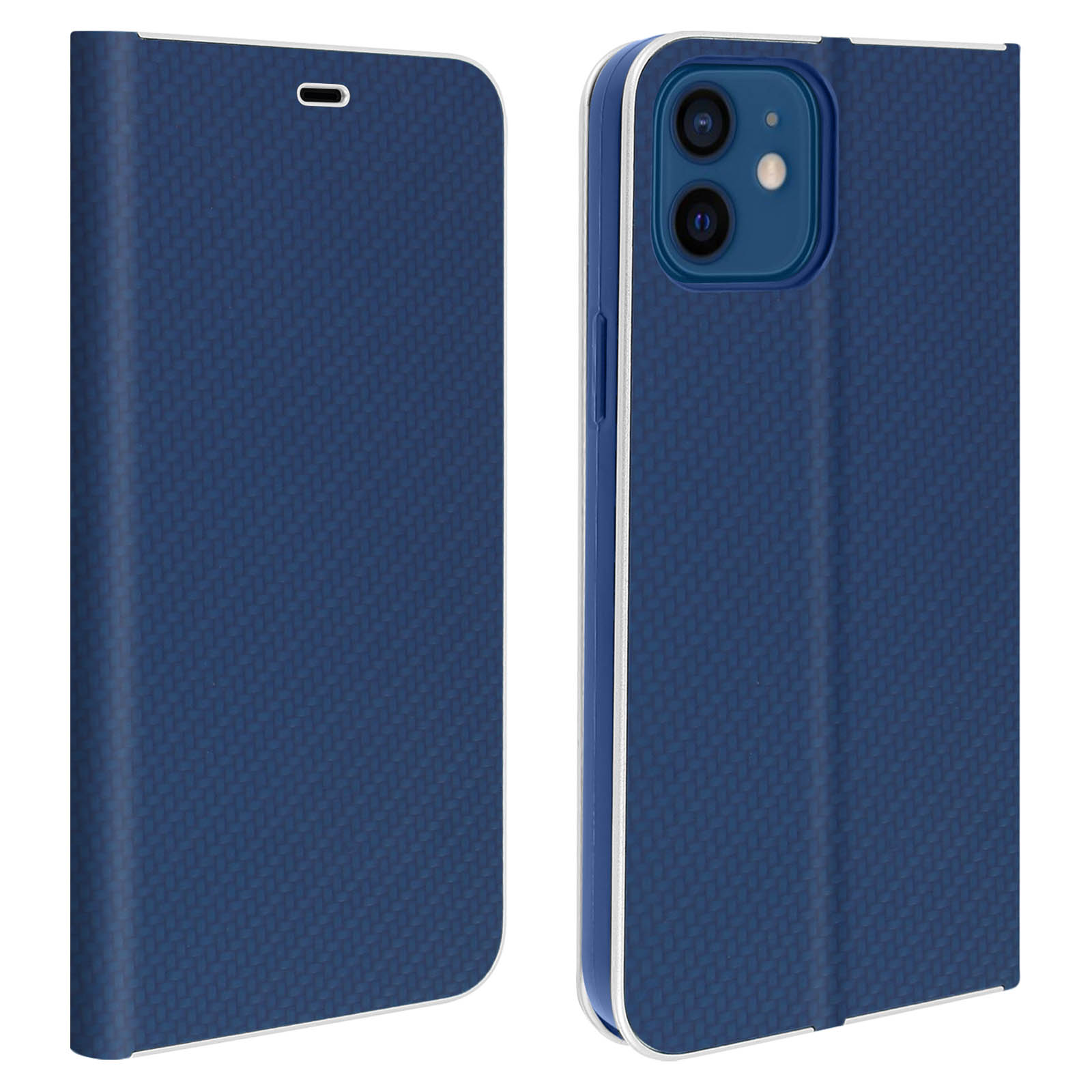 Due telefoni con una custodia blu a libro aperta, che mostra una trama intrecciata sulla copertina.