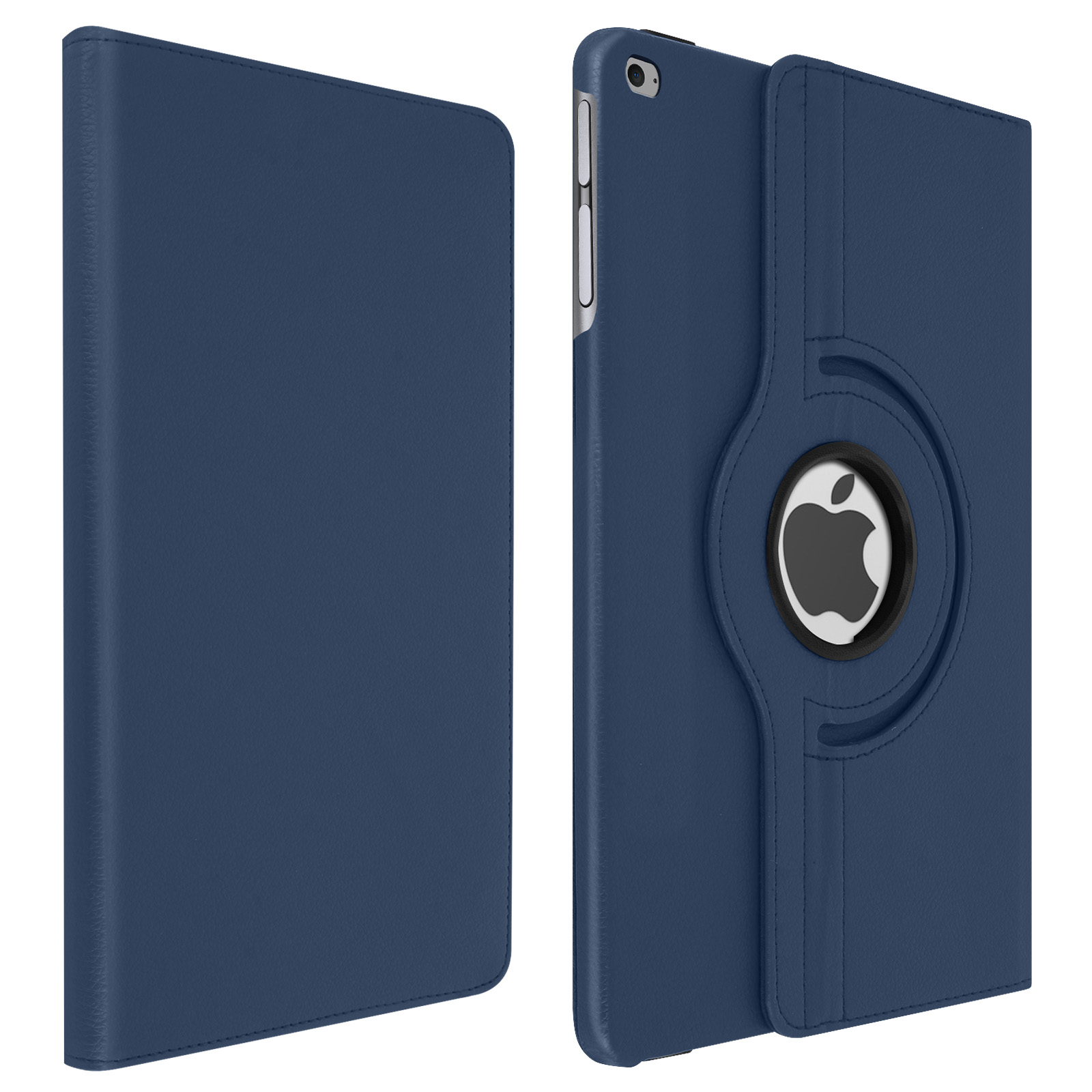 Custodia blu per tablet, chiusa e aperta, mostra il logo Apple e lo schermo, sfondo bianco.