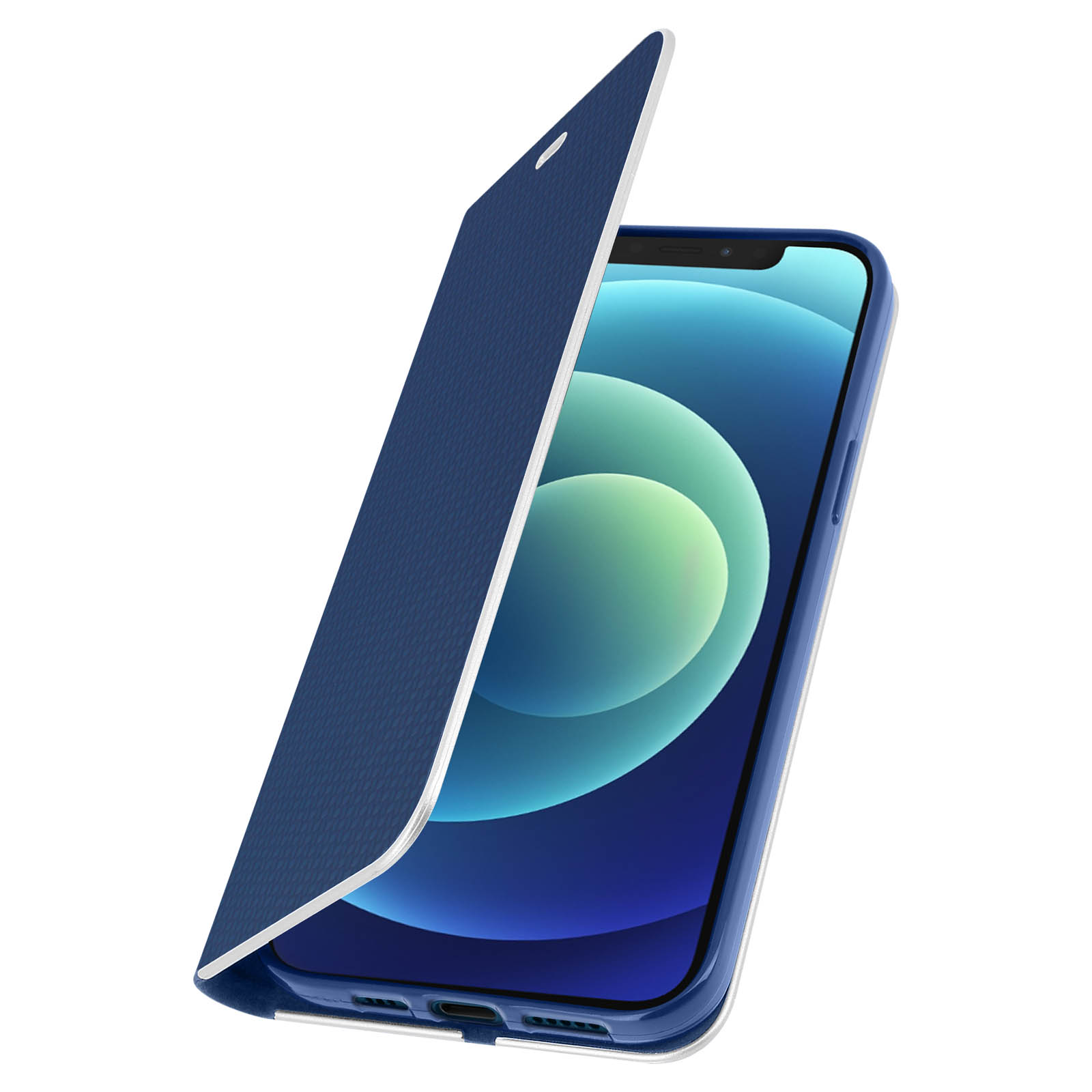 Custodia blu per telefono, aperta per rivelare uno schermo blu. Sfondo bianco.
