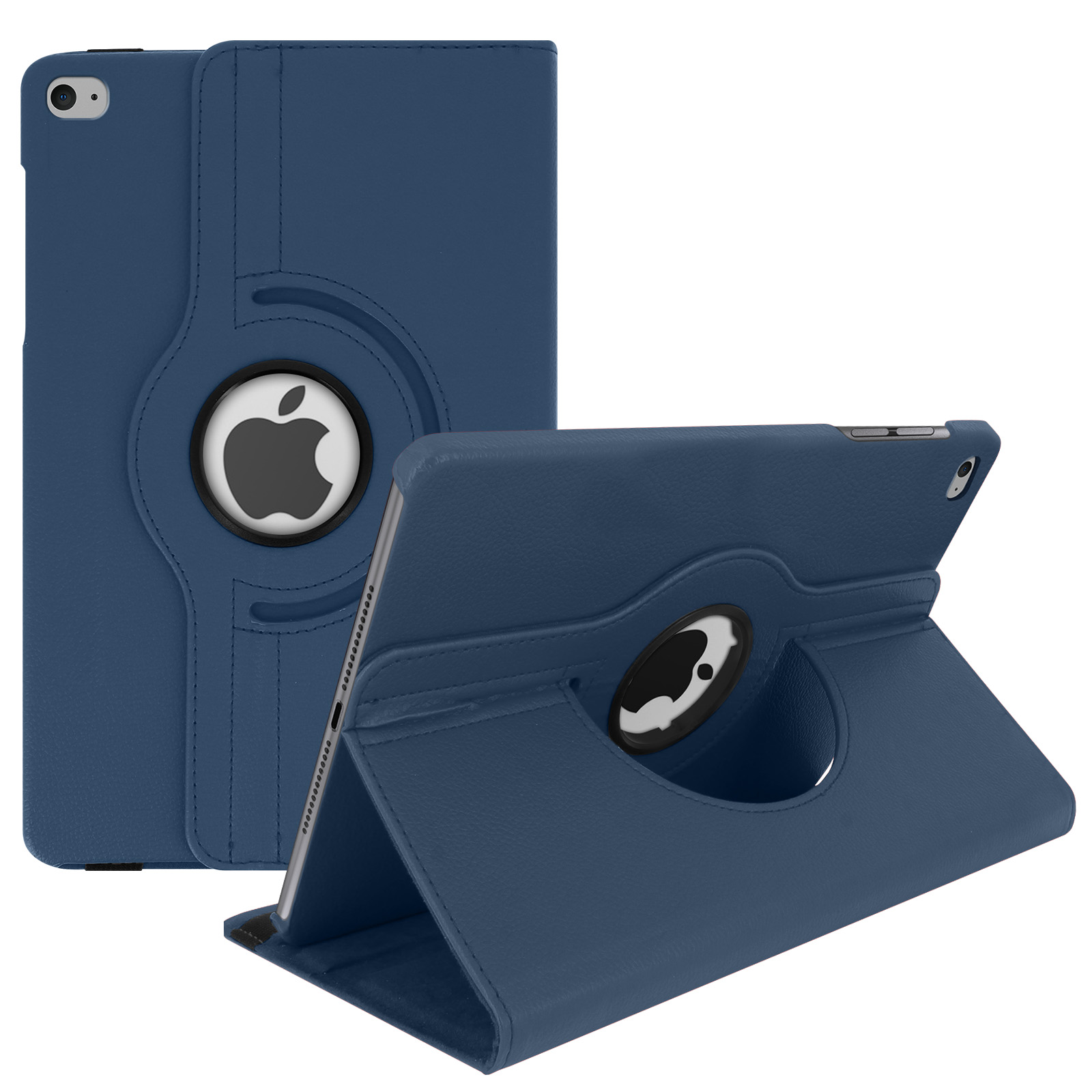 Custodia iPad in pelle blu, aperta, mostra il logo Apple. Un'altra custodia iPad di lato.