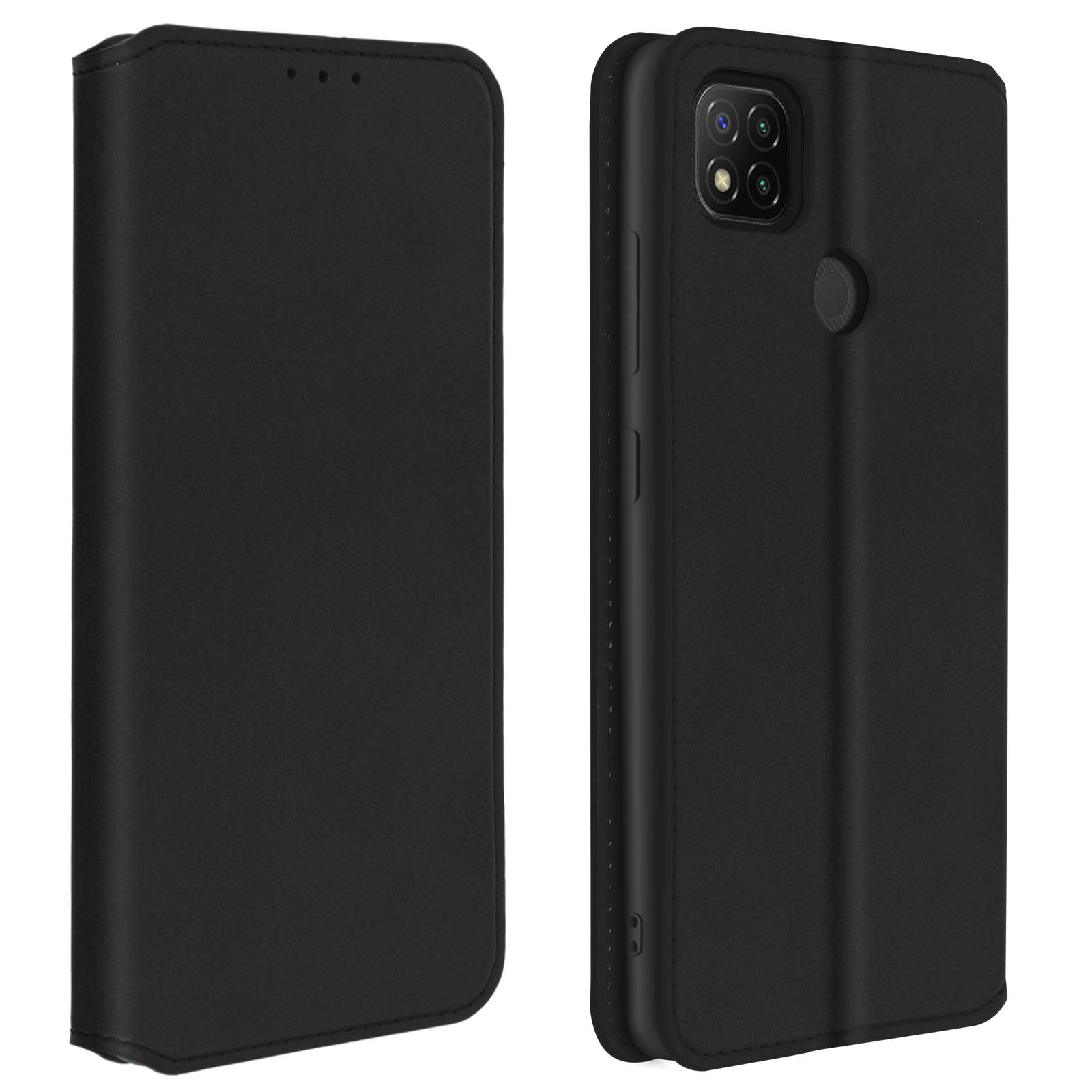 Een zwarte telefoonhoes, open en dicht, met een telefoon erin.