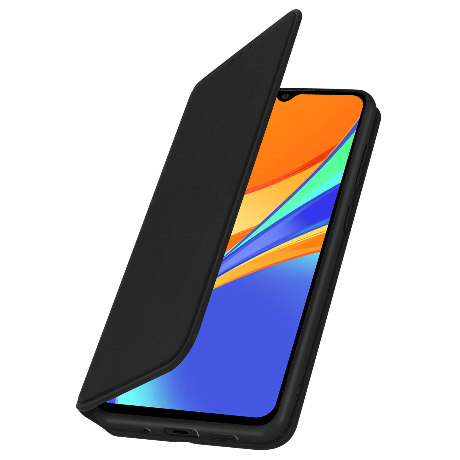Zwarte telefoonhoes met open klep, onthult het scherm. Witte achtergrond.