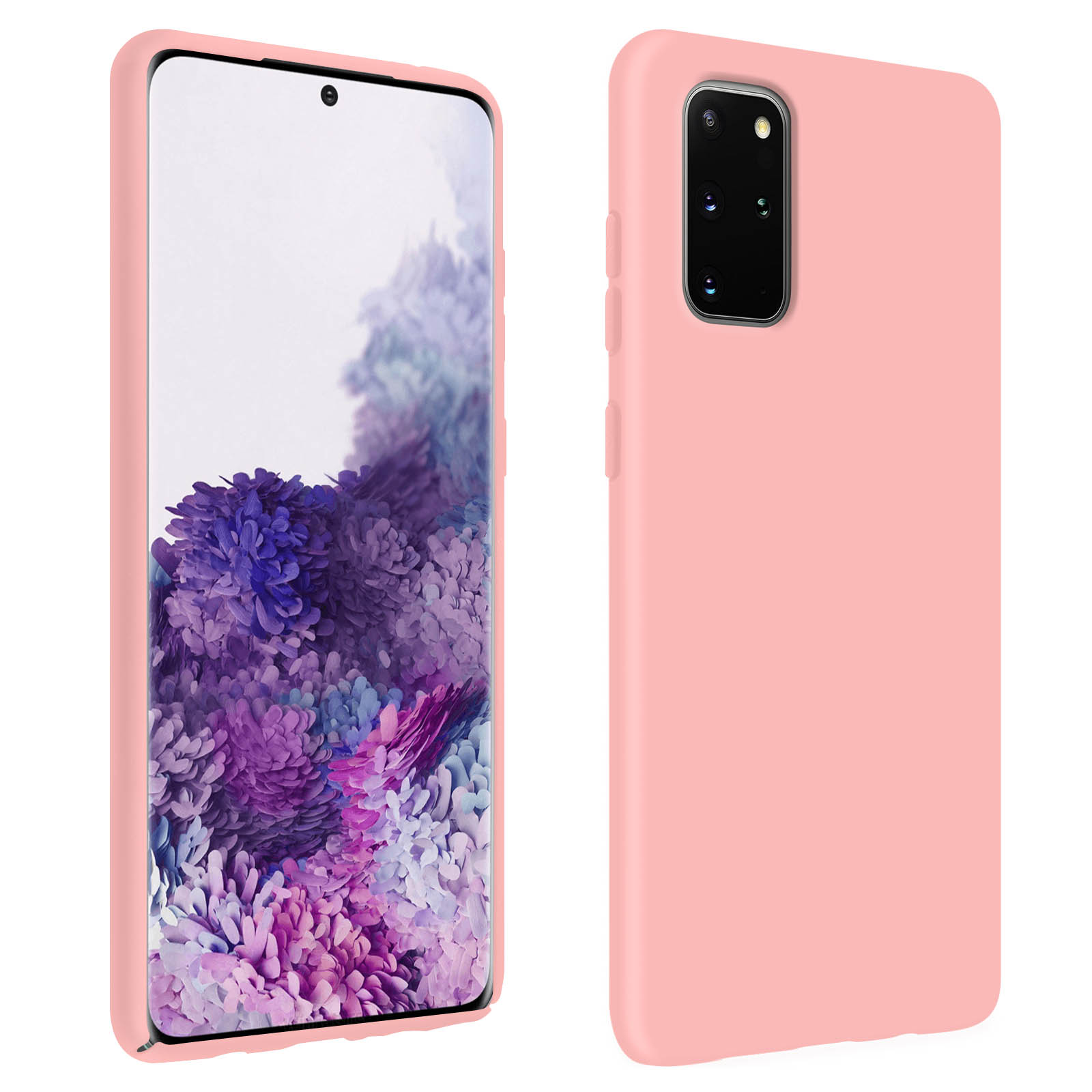 Een roze telefoonhoesje op een witte achtergrond. De telefoon wordt in de hoes weergegeven.