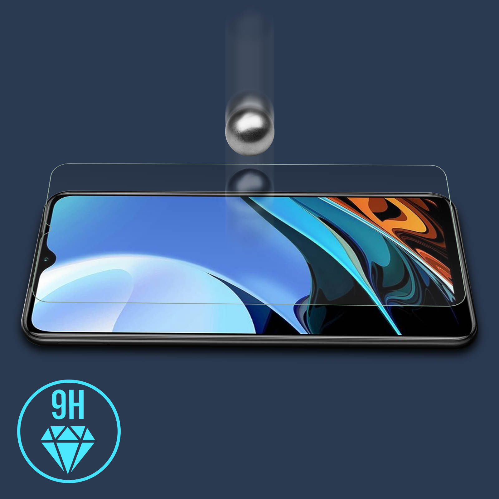 Pellicola protettiva per schermo e telefono. Una palla che cade. Sfondo blu con icona diamante.