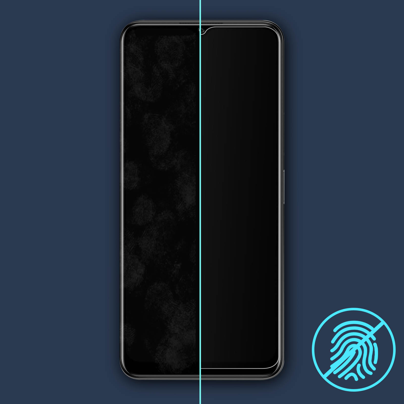 Uno schermo del telefono con un lato pulito e un lato sporco, e un'icona senza impronte digitali.