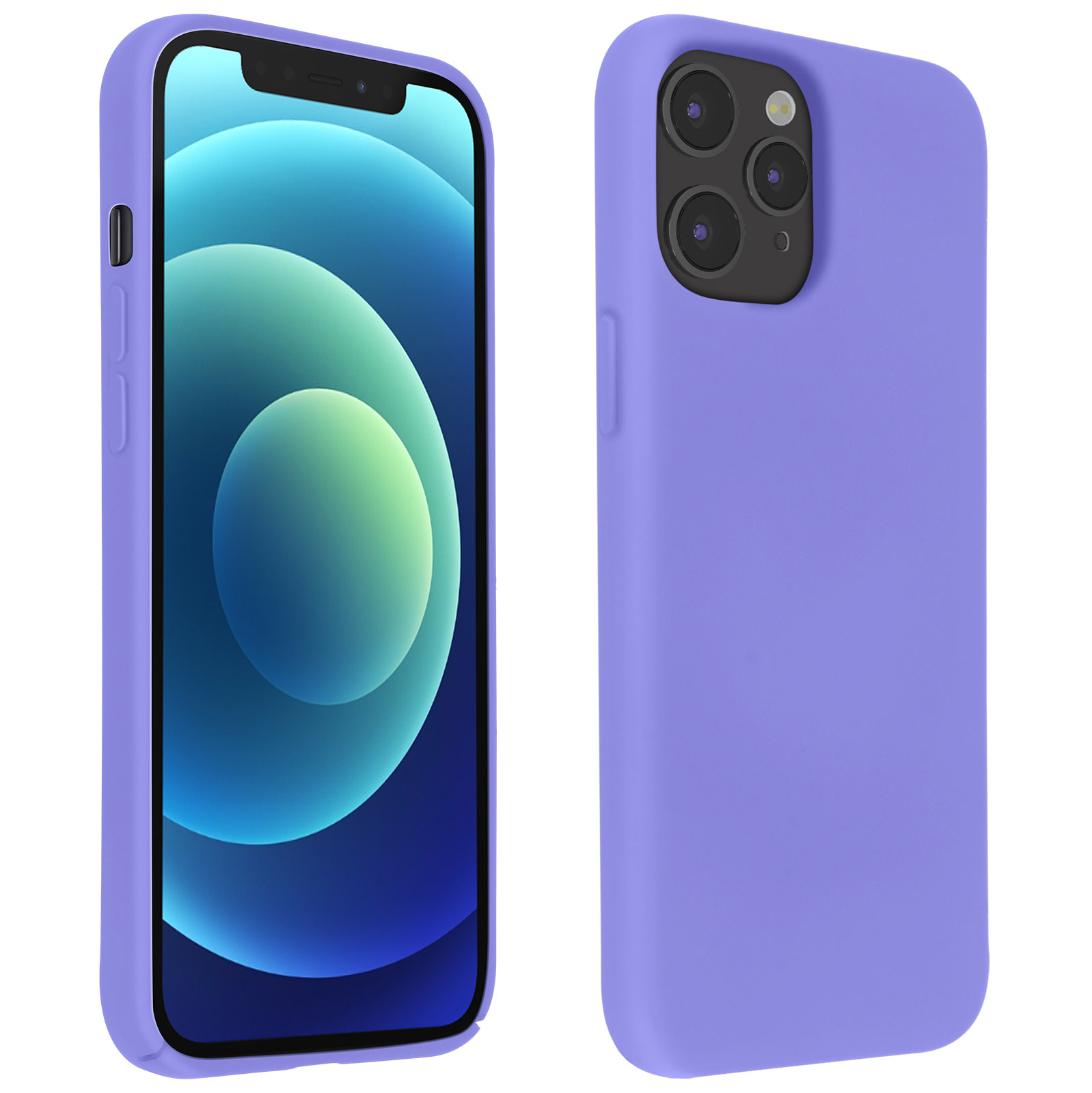 Paarse telefoonhoes met een telefoon erin. De telefoon heeft een scherm. Twee afbeeldingen, verschillende hoeken.