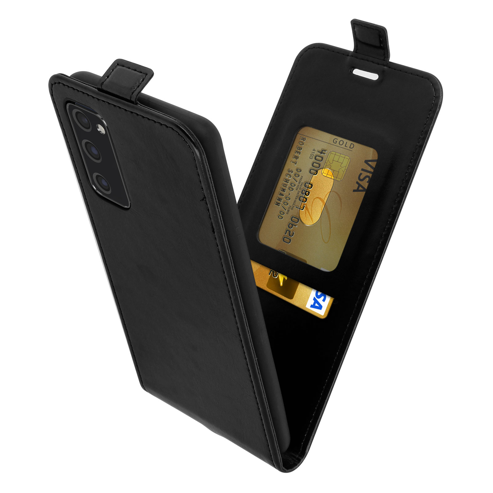Una custodia nera per telefono con uno slot per carte, aperta, che tiene una carta di credito dorata.