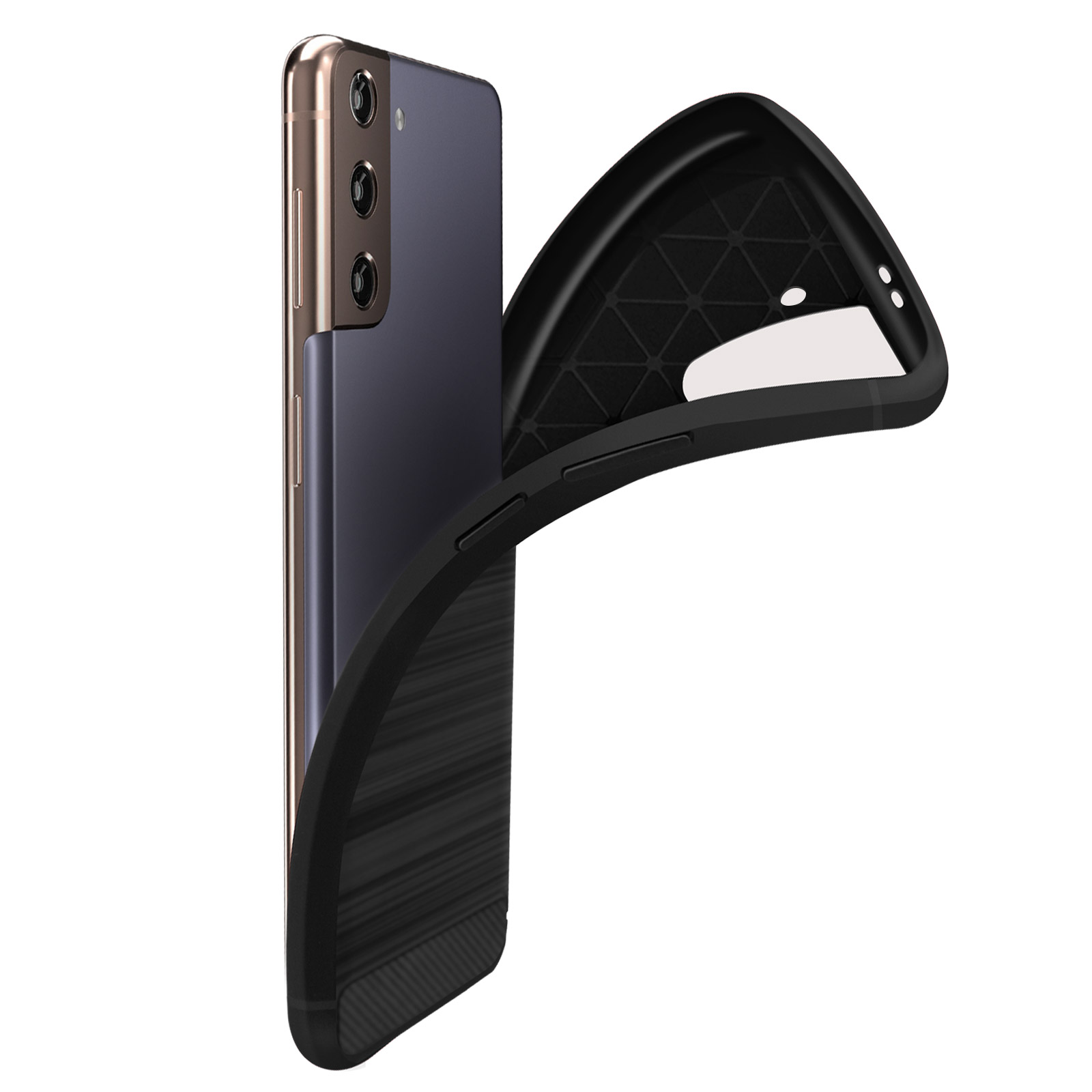 Telefono nero con custodia. La custodia è nera e ha un retro strutturato.