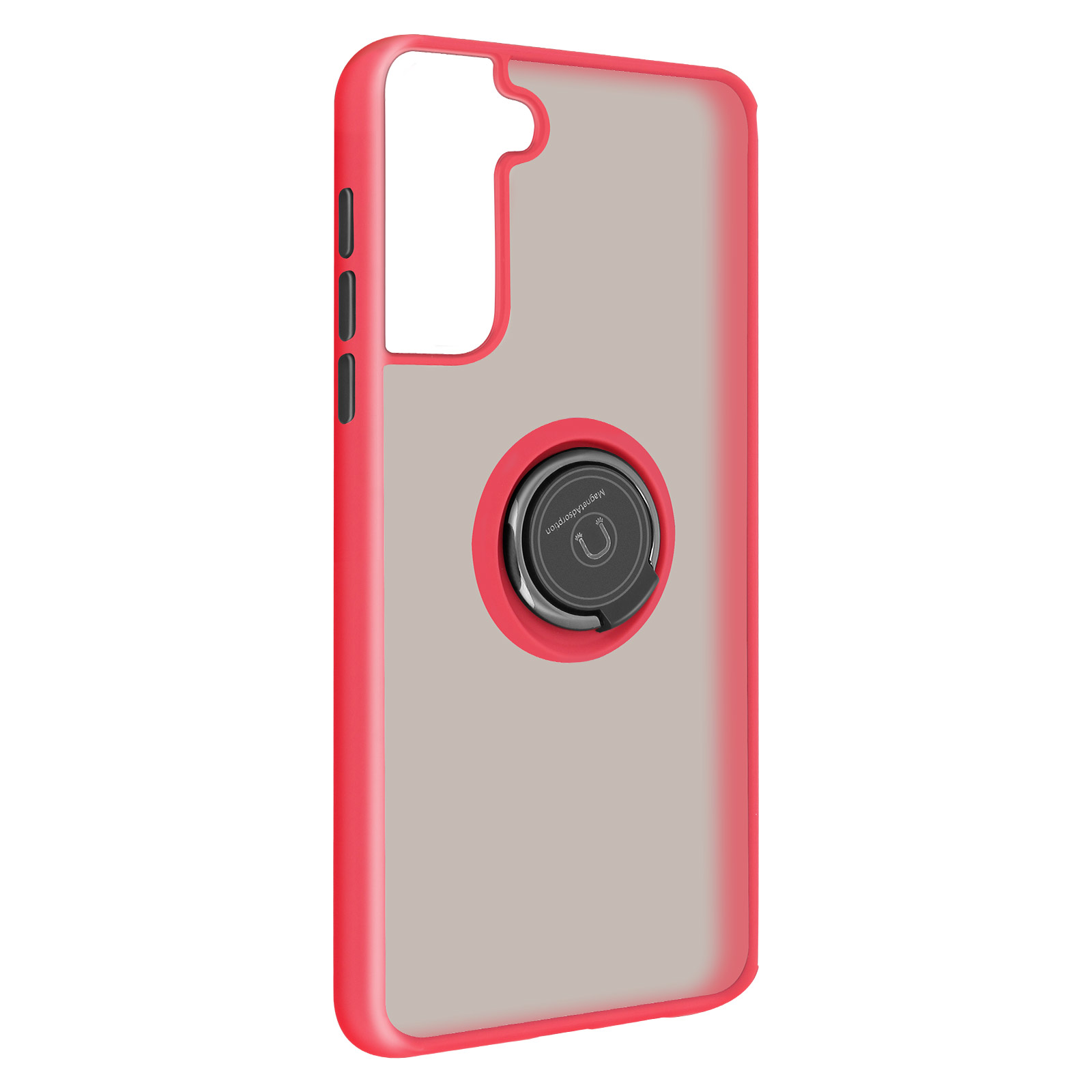 Coque de téléphone rouge avec un porte-anneau, avec dos transparent, sur fond blanc.