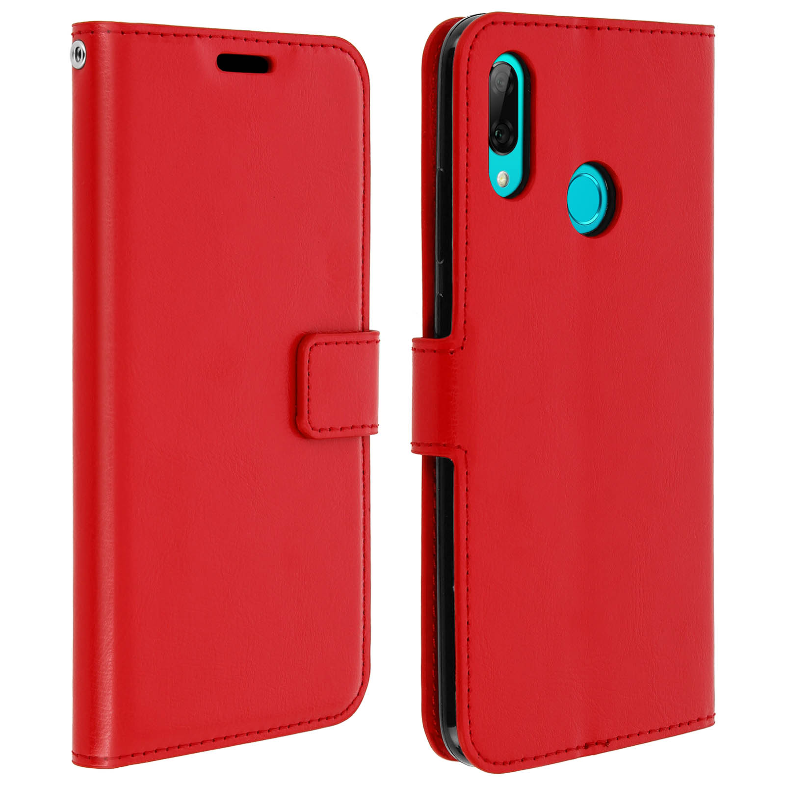 Una custodia per telefono rossa è aperta, rivelando il telefono. La custodia ha una chiusura magnetica e un ritaglio per la fotocamera.