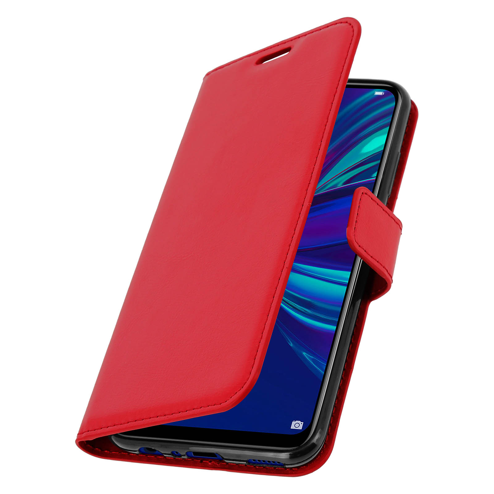 Custodia per telefono rossa, aperta, che mostra un telefono all'interno. La custodia è simile alla pelle.