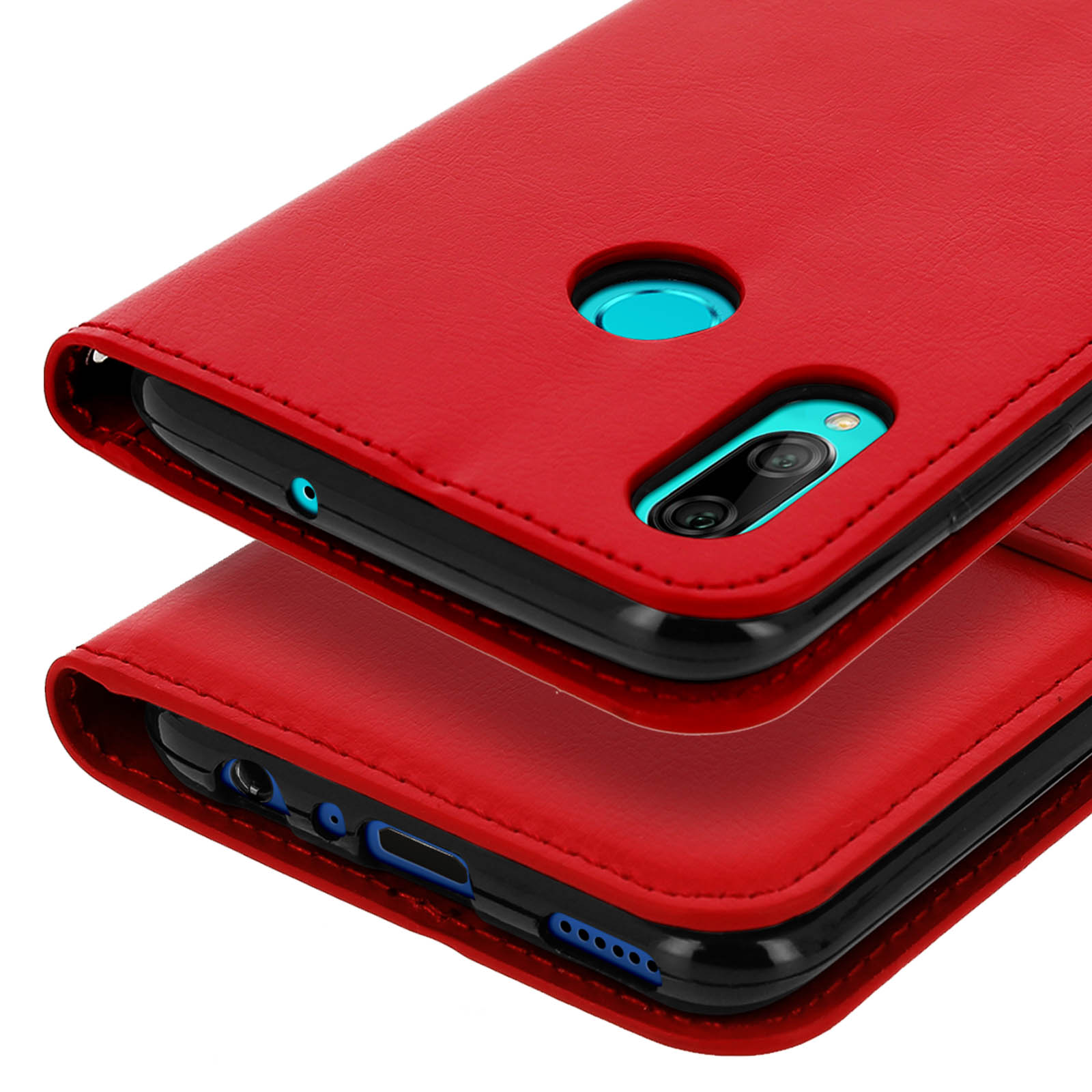 Custodia rossa del telefono sopra un'altra, che mostra la fotocamera e le porte, su sfondo bianco.