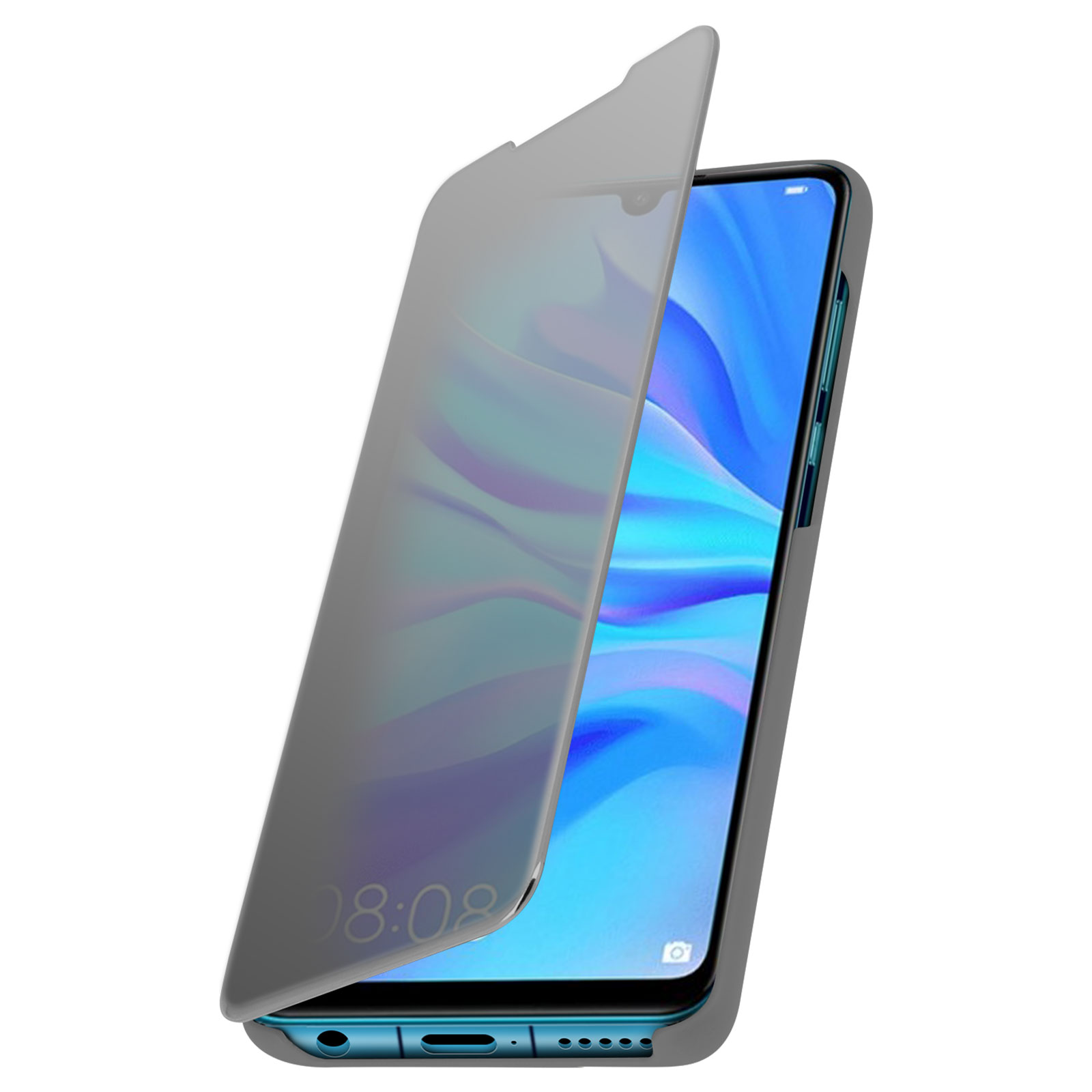 Un telefono con custodia grigia viene mostrato con la cover aperta. Ora 08:08 sullo schermo.
