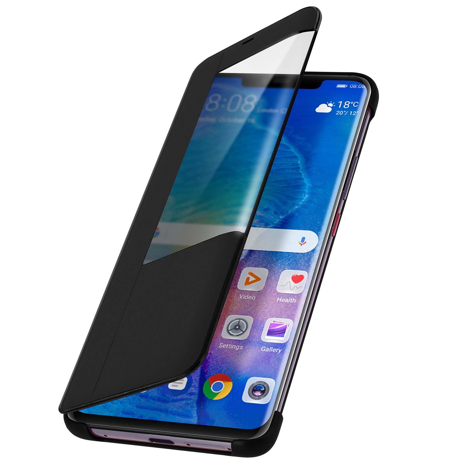 Un telefono con lo schermo acceso è in una custodia nera, con lo schermo aperto. La custodia è aperta.