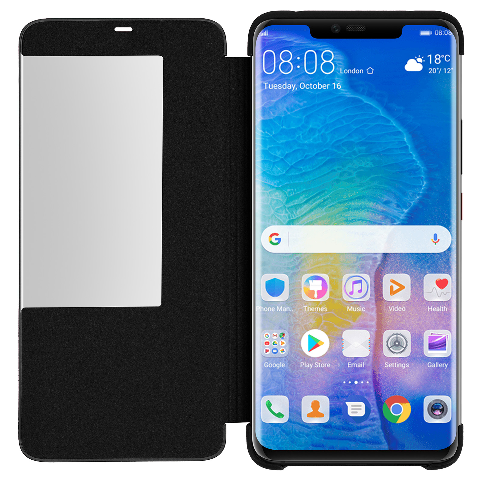 Custodia nera per telefono con finestra aperta. Telefono all'interno, mostra le app. Sfondo bianco.