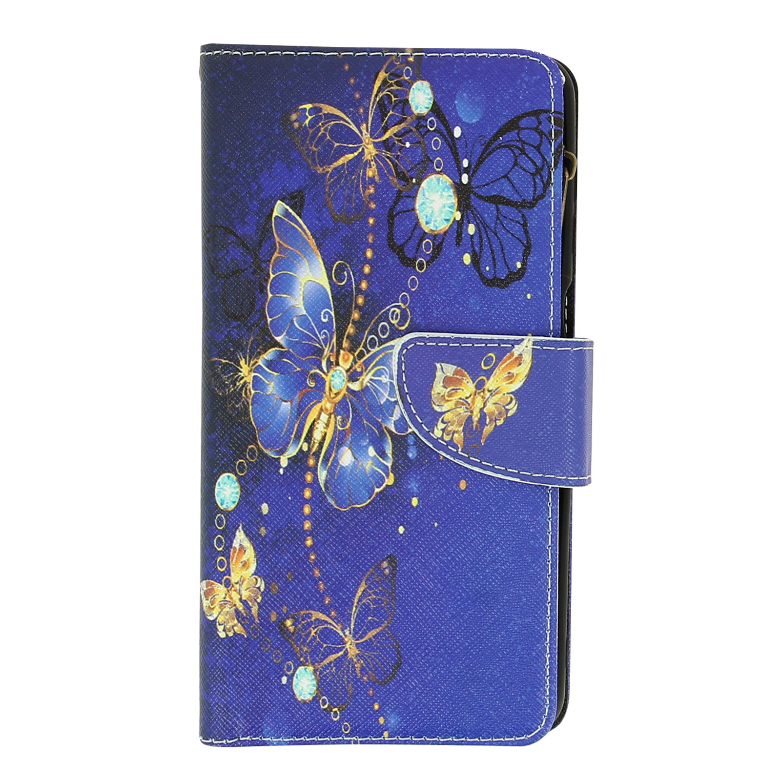 Blaue Handyhülle mit Schmetterlingsdesign. Schmetterlinge und Juwelen auf der Hülle.