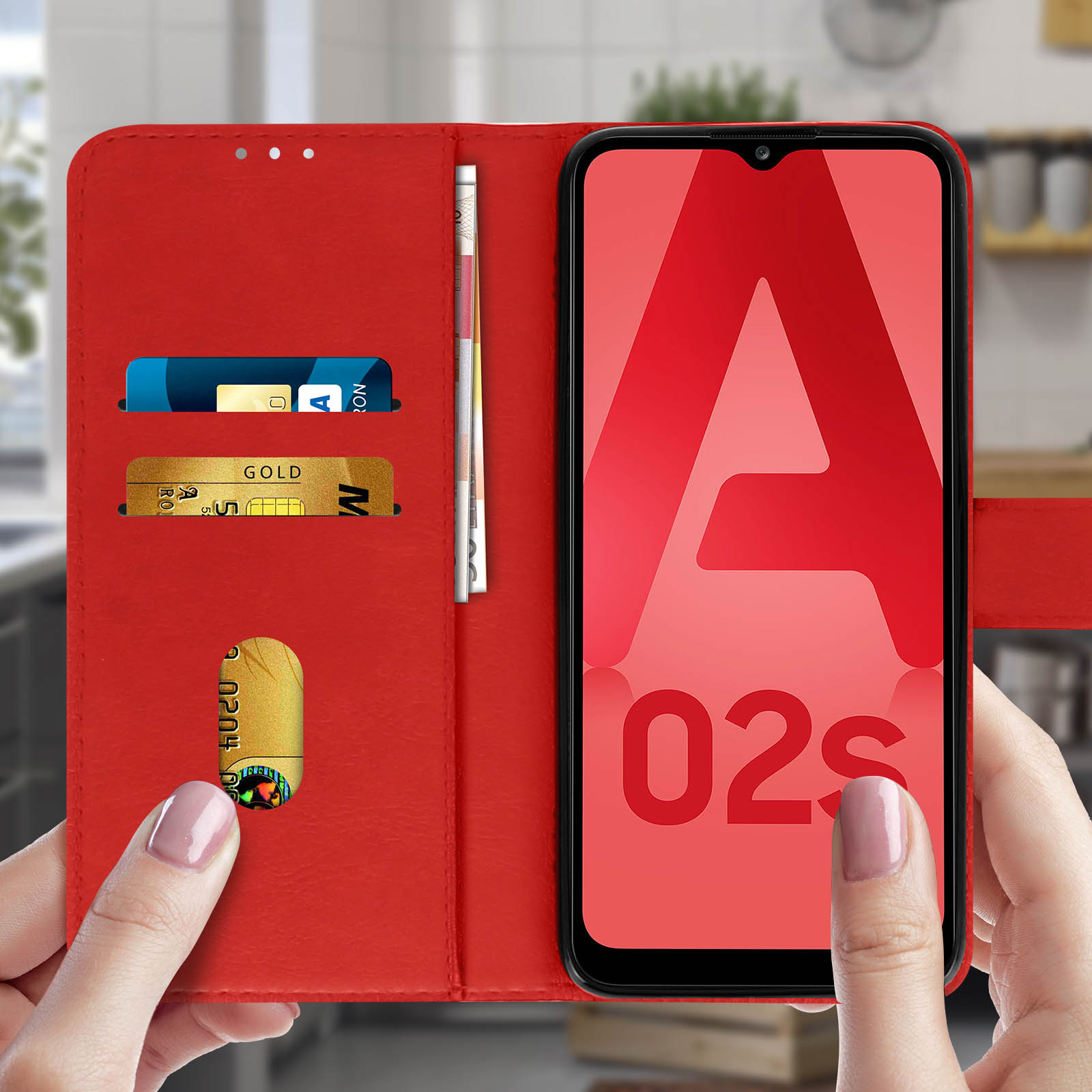 Custodia rossa per telefono con telefono, all'interno carte e denaro. Mostra lo schermo con A 02S.