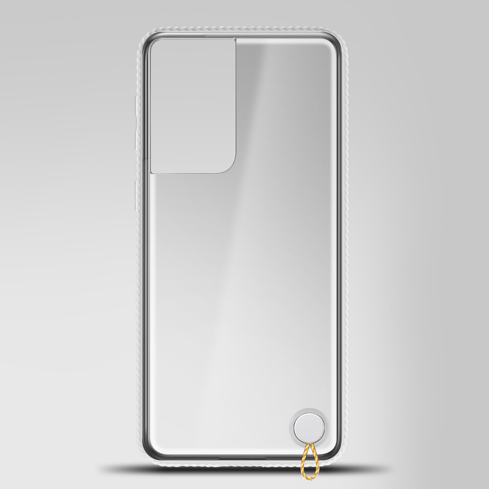 Coque transparente pour téléphone avec anneau métallique en bas, fond gris clair.