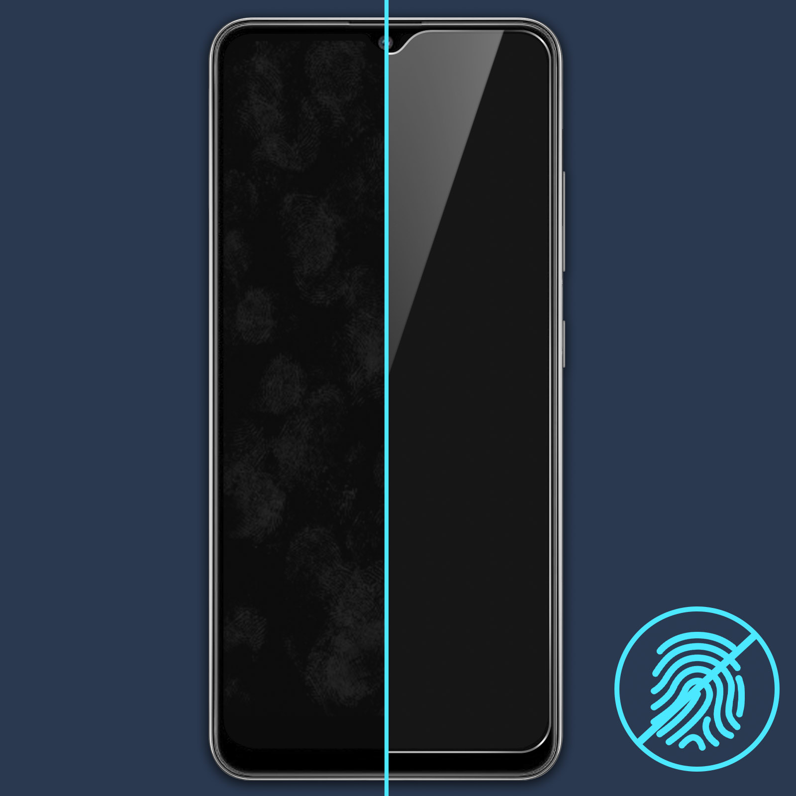 Een telefoonscherm met een half bedekte vingerafdruk en een 'geen vingerafdruk'-symbool op een donkerblauwe achtergrond.