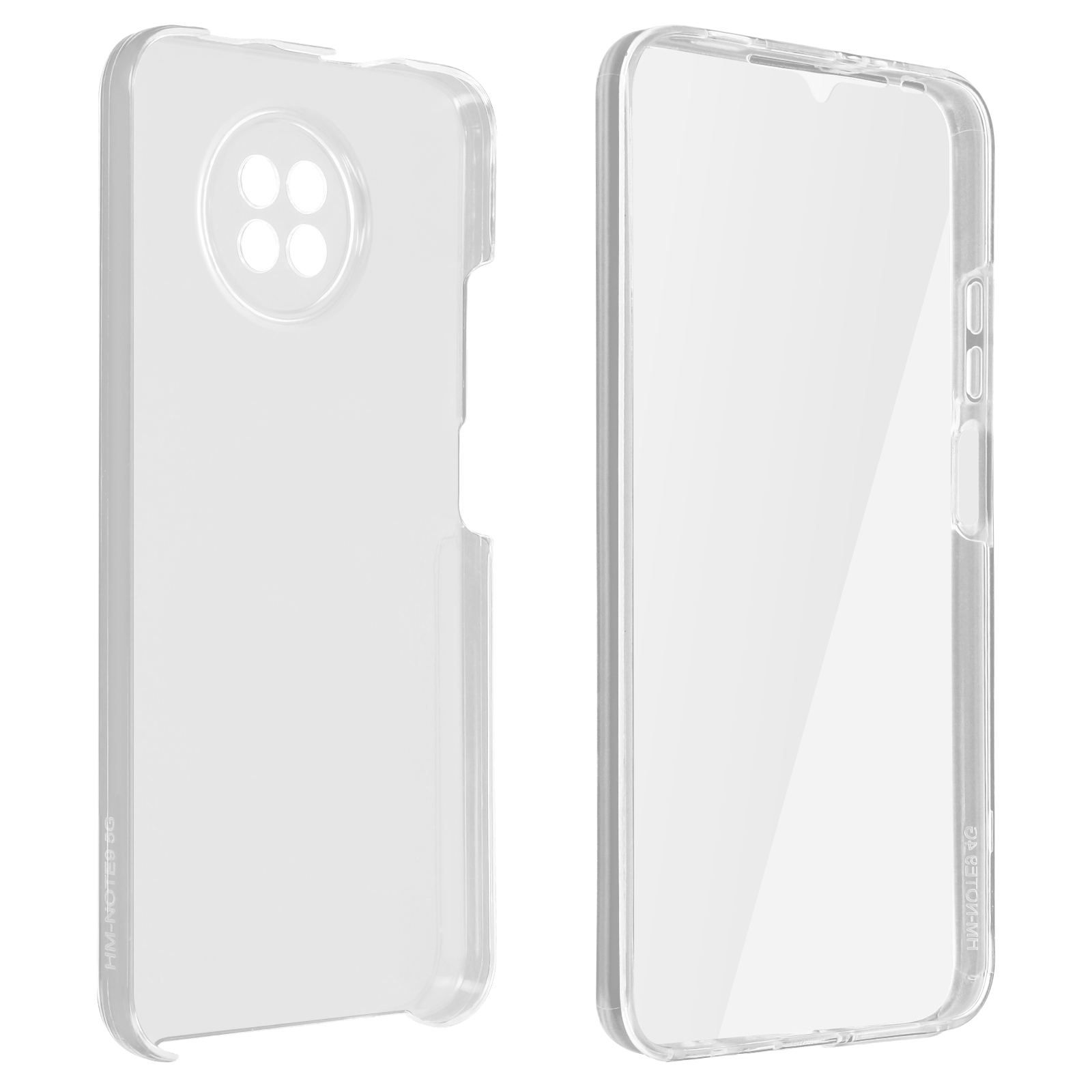 Deux coques de téléphone transparentes, une pour l'arrière, une pour l'avant, fond blanc.