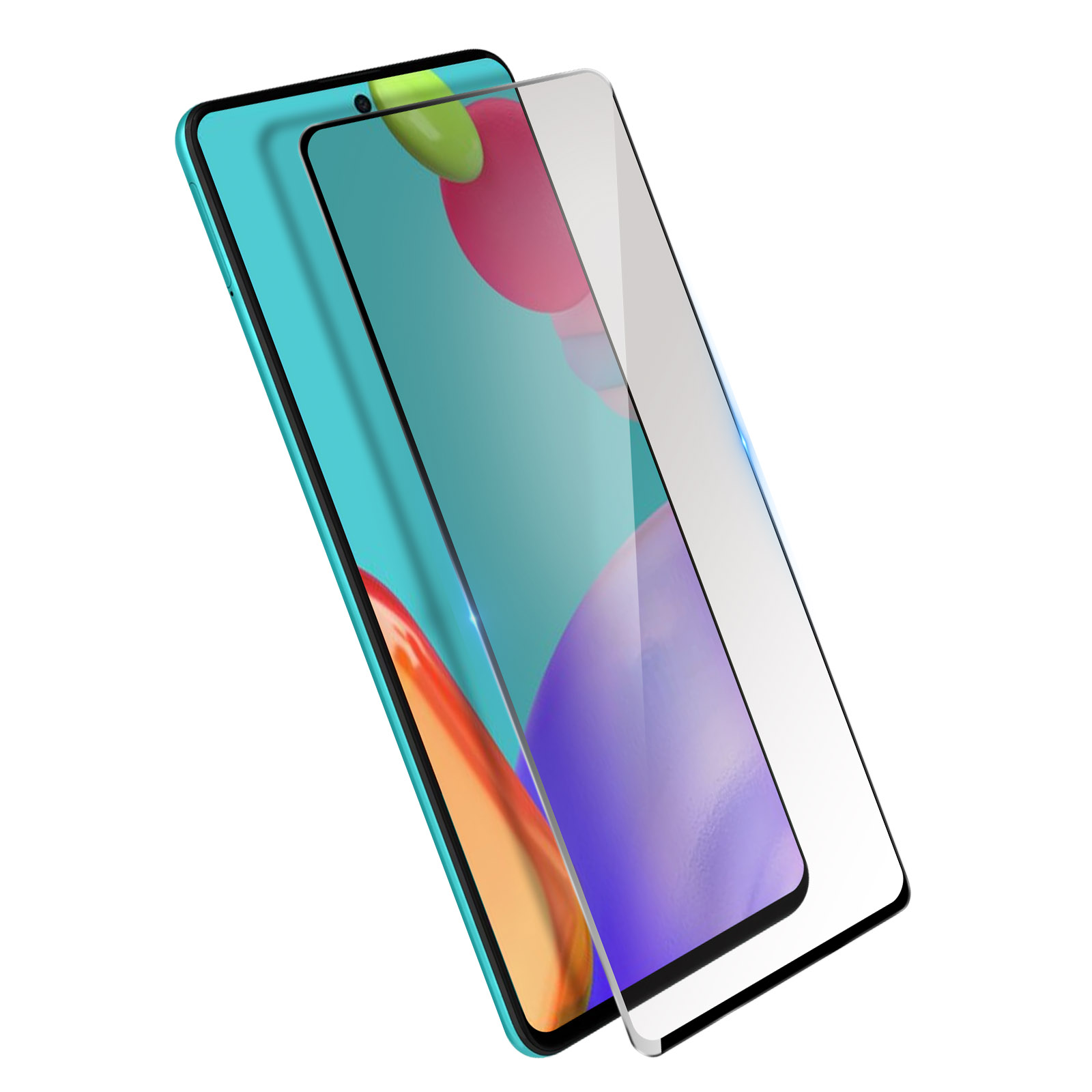 Uno smartphone turchese con protezione schermo, che mostra uno sfondo astratto colorato. Lo sfondo è bianco.