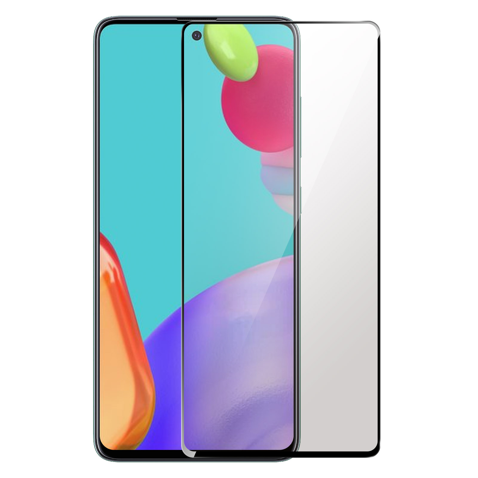 Viene mostrata una protezione per lo schermo dello smartphone, con uno schermo del telefono dietro. Oggetti colorati sono visibili sullo schermo del telefono.