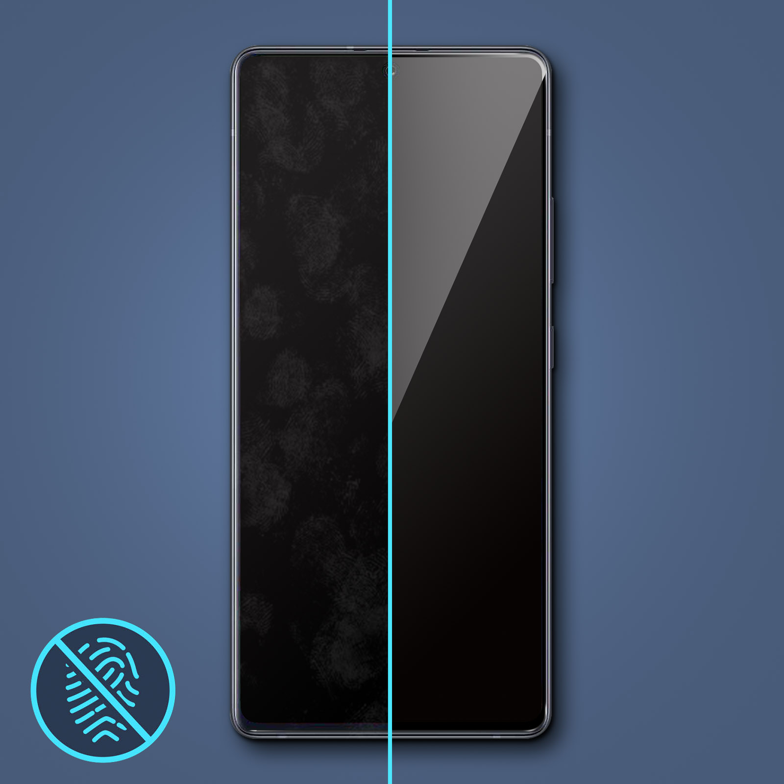 Smartphone diviso verticalmente. Sinistra con impronte, destra pulita. Sfondo blu, icona anti-impronte.
