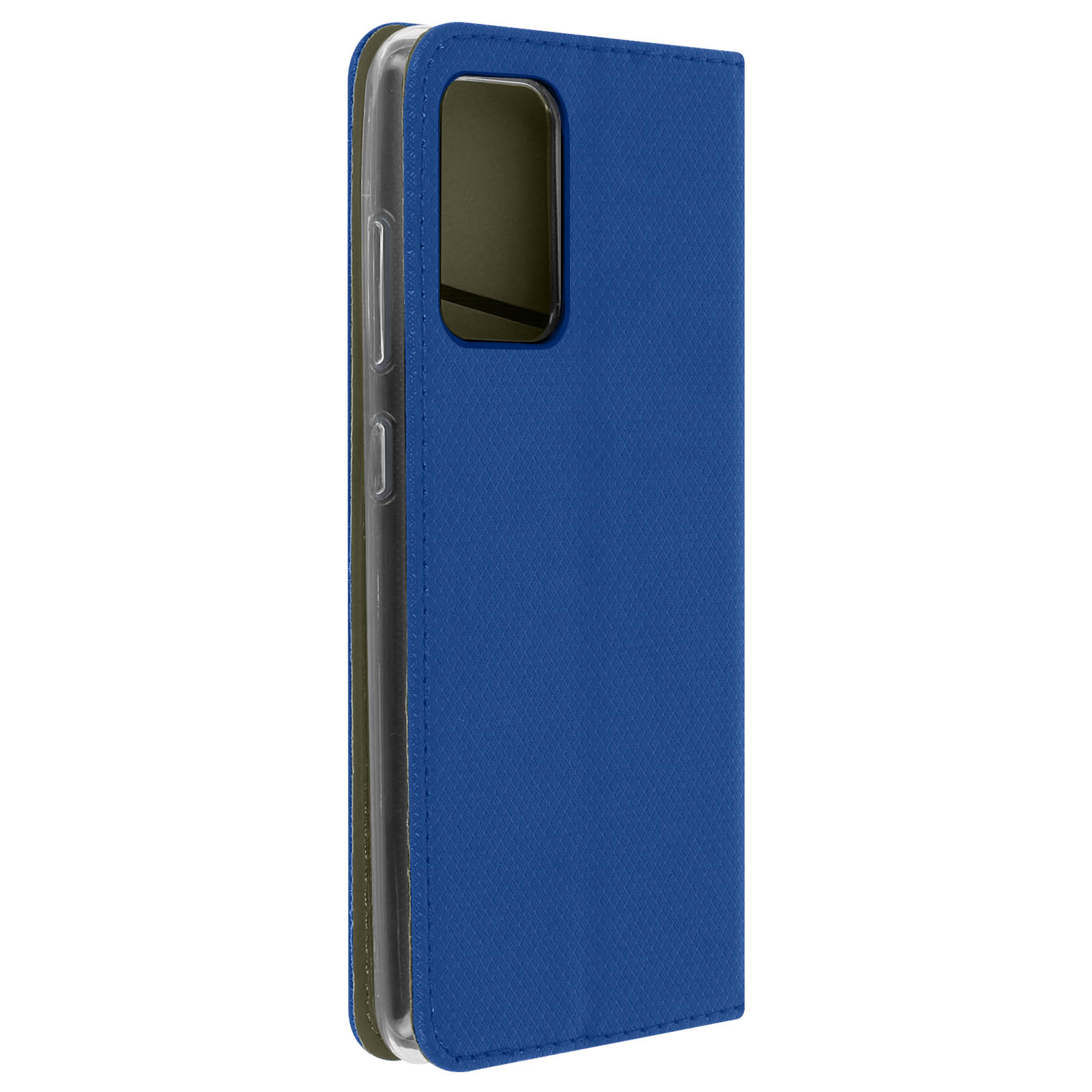 Eine blaue Handyhülle in geschlossener Position auf weißem Hintergrund.