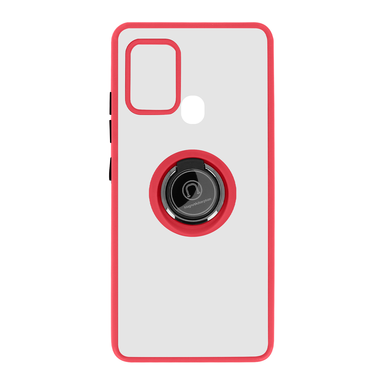 Coque de téléphone blanche avec un bord rouge. Un support d'anneau rouge au milieu.