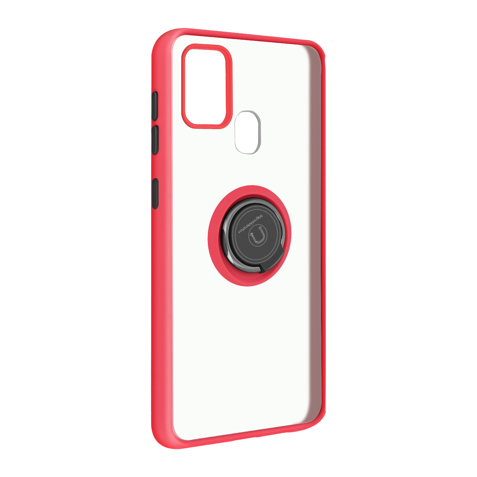 Coque de téléphone transparente avec cadre rouge et support d'anneau noir à l'arrière.