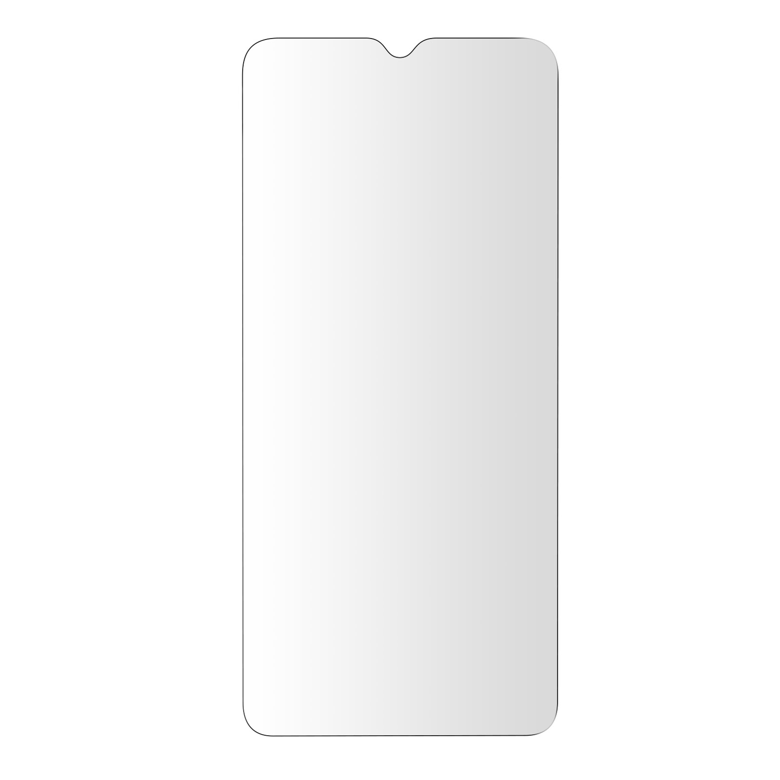 Een doorzichtige schermbeschermer voor een telefoon. Hij is rechthoekig en heeft een inkeping.