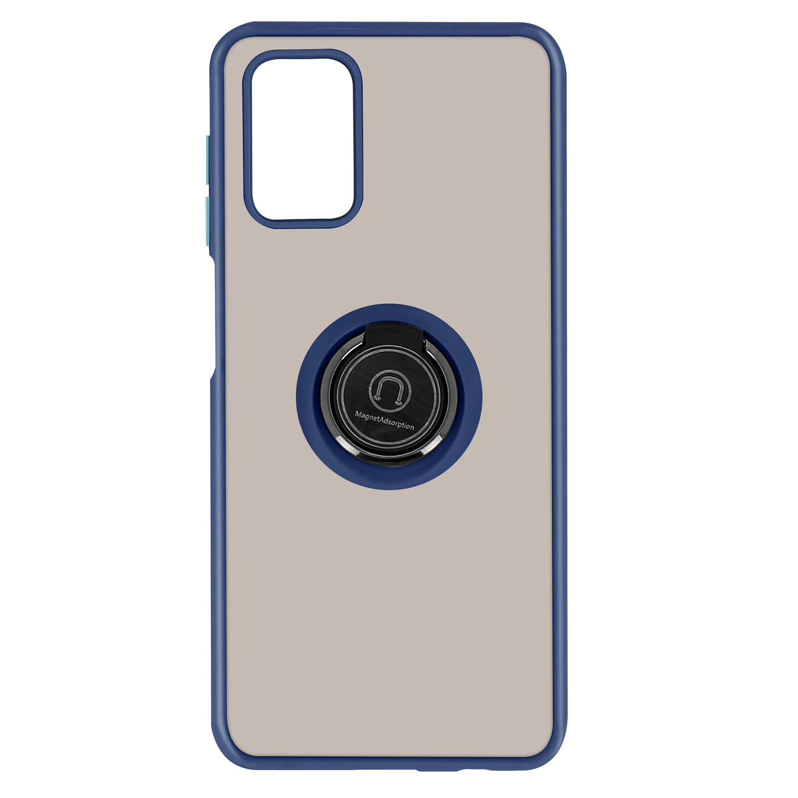Custodia beige con supporto ad anello blu scuro, un telefono all'interno.