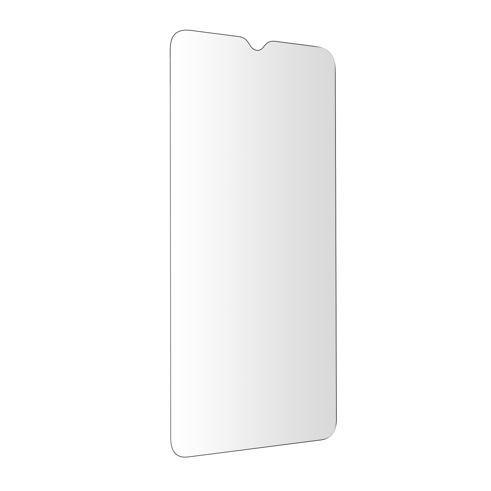 Transparante schermbeschermer voor een telefoon. Toont een helder, rechthoekig stuk glas met een inkeping bovenaan.