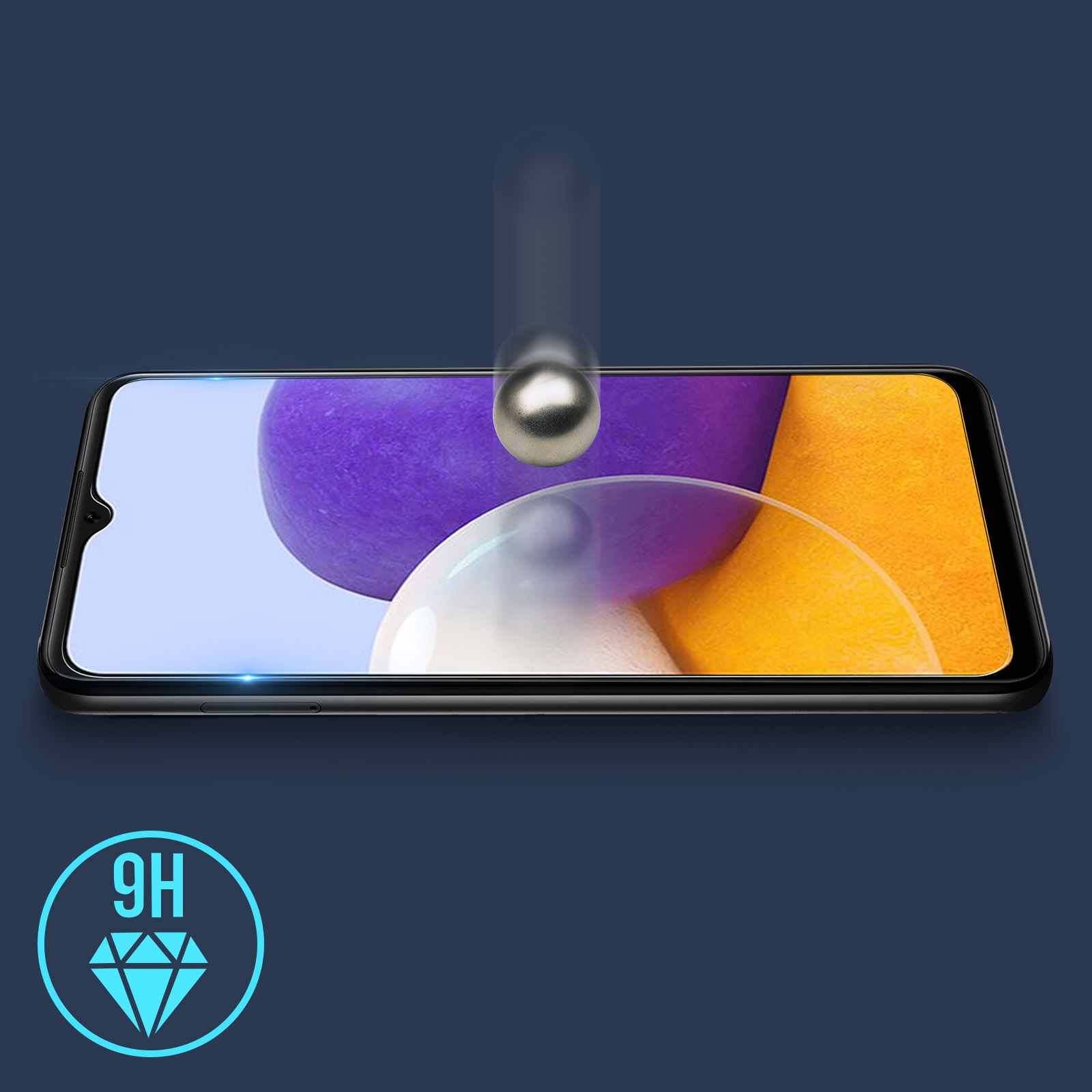 Een telefoonscherm met een beschermende laag en een bal die erop valt.