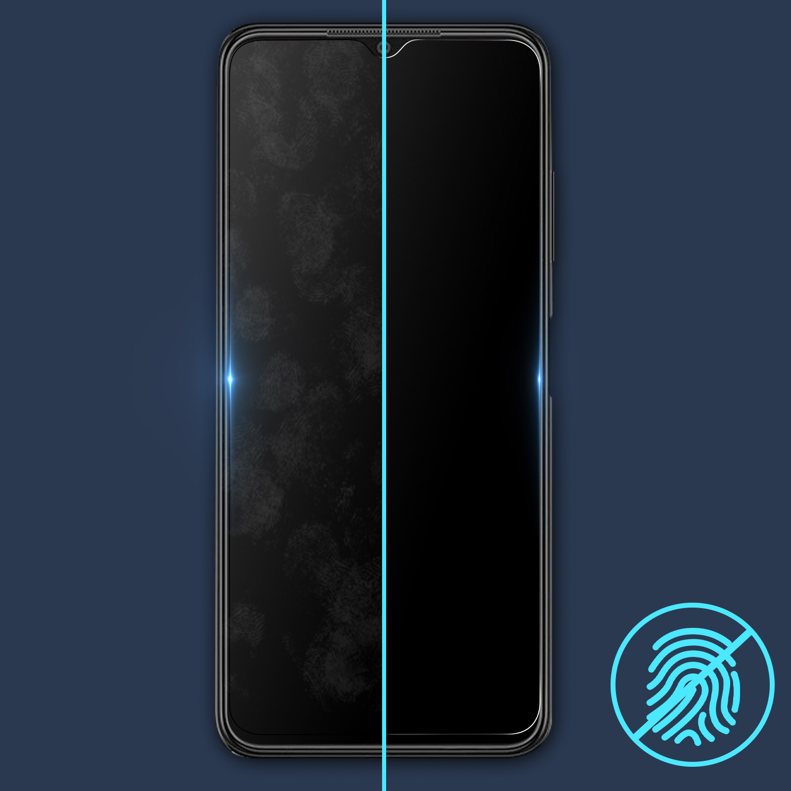 Een telefoonscherm is gesplitst, de ene kant is schoon, de andere bedekt met vingerafdrukken.