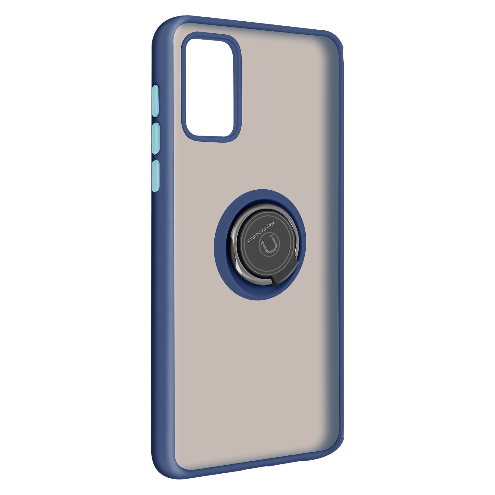 Custodia per telefono blu e trasparente con supporto ad anello. Sfondo bianco.