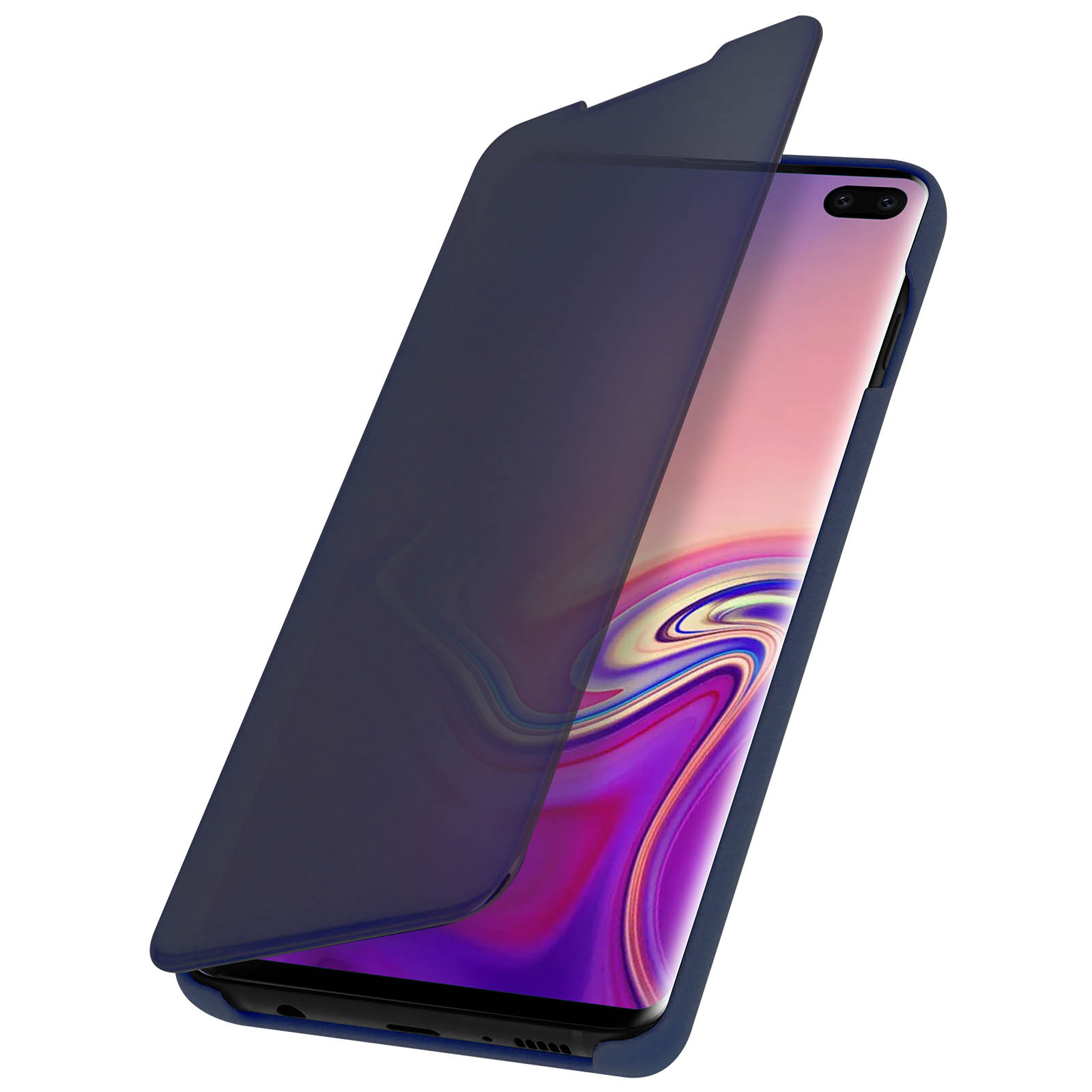 Uno smartphone con custodia blu scuro, la cover è aperta. Lo schermo del telefono è visibile e ha uno sfondo rosa.