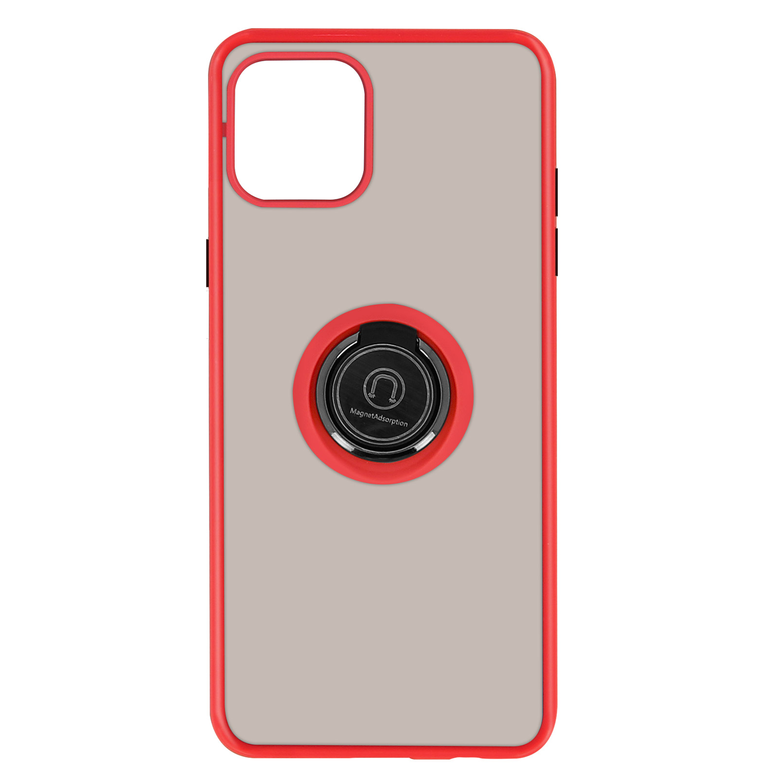 Una custodia per telefono con cornice rossa, retro grigio e un supporto ad anello nero al centro.