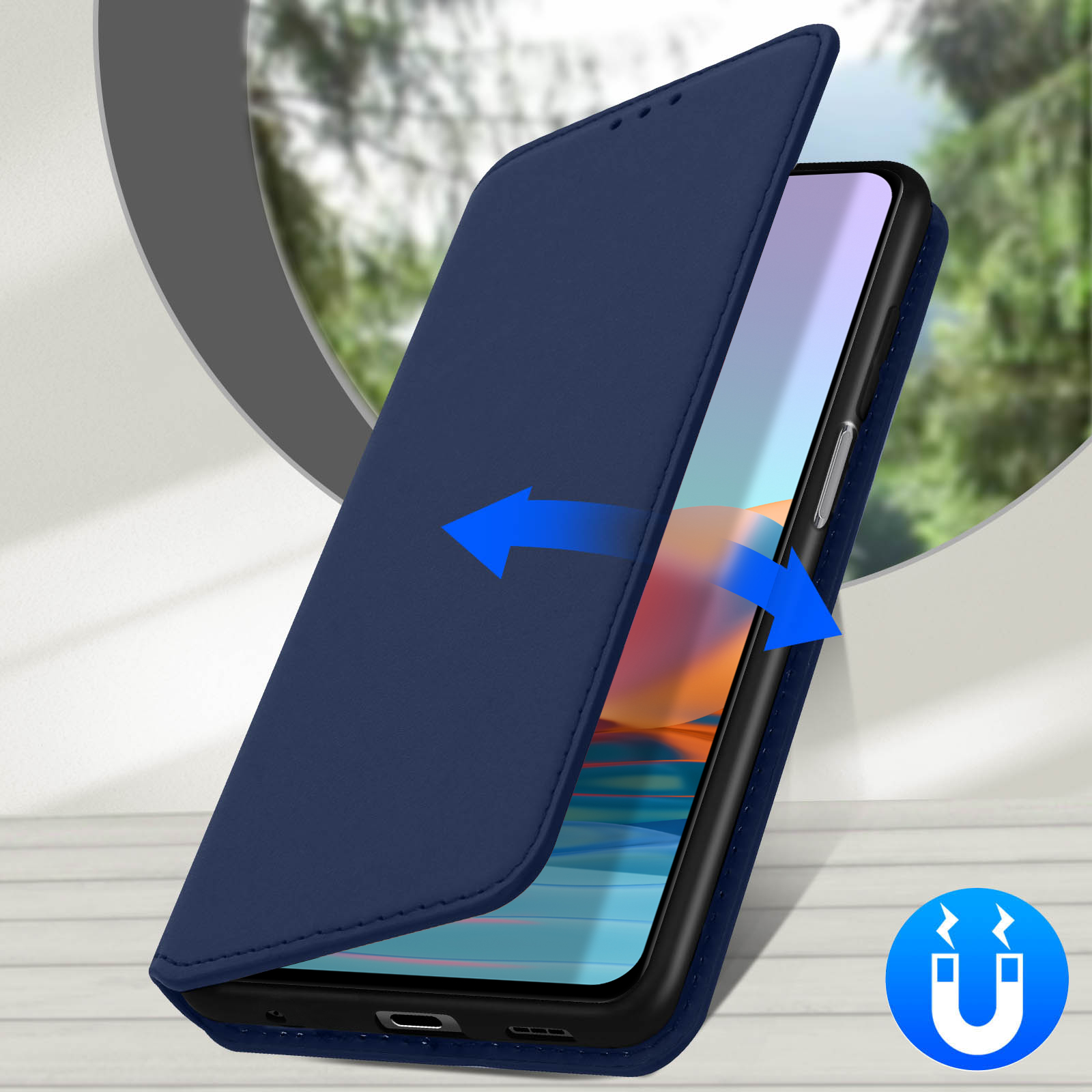 Custodia blu con telefono. Freccia mostra l'apertura. Icona magnete.