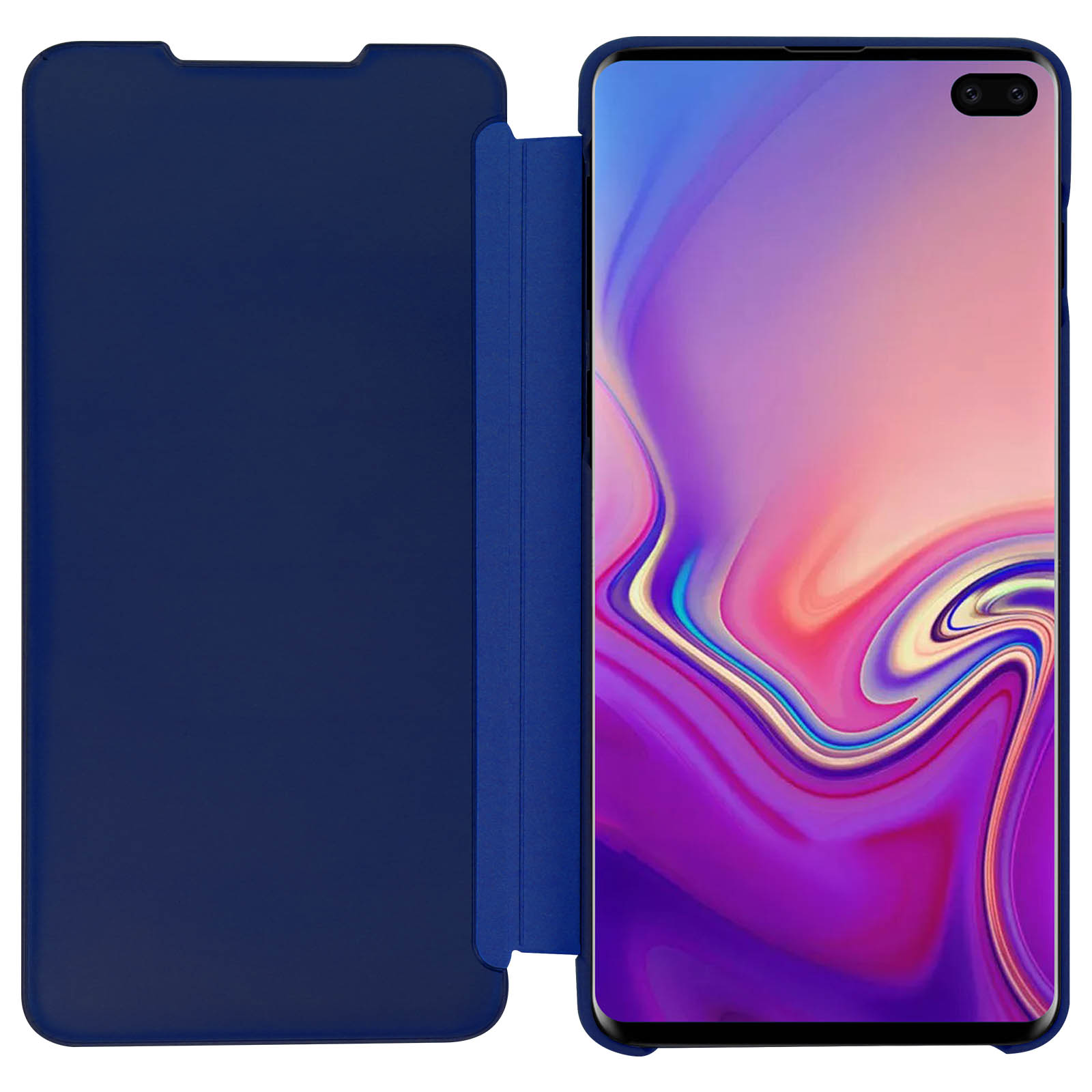 Custodia del telefono blu aperta, che rivela il telefono. Copertura blu e telefono con schermo viola e blu.