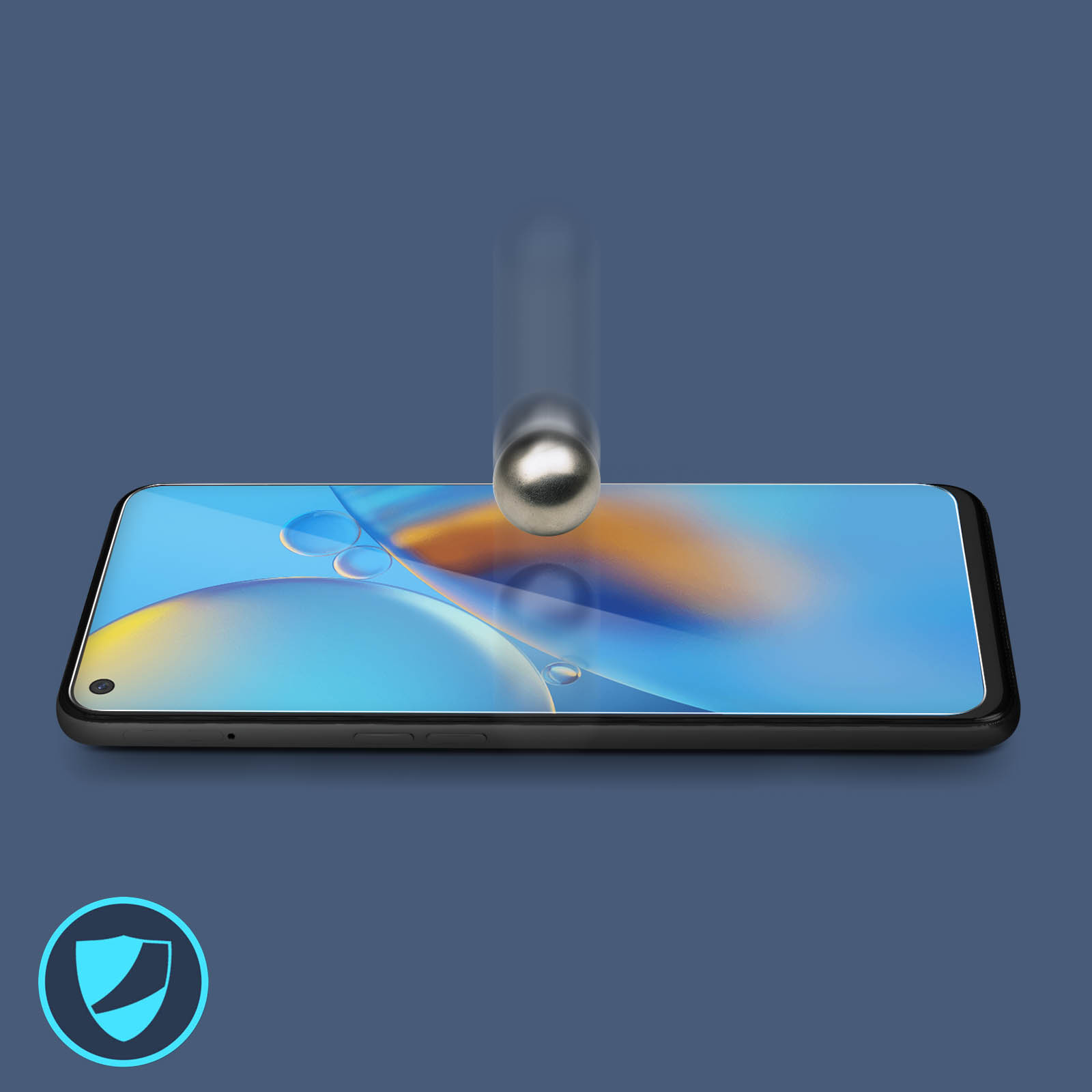 Telefoon met schermbeschermer. Een bal valt op het scherm. Blauwe achtergrond.