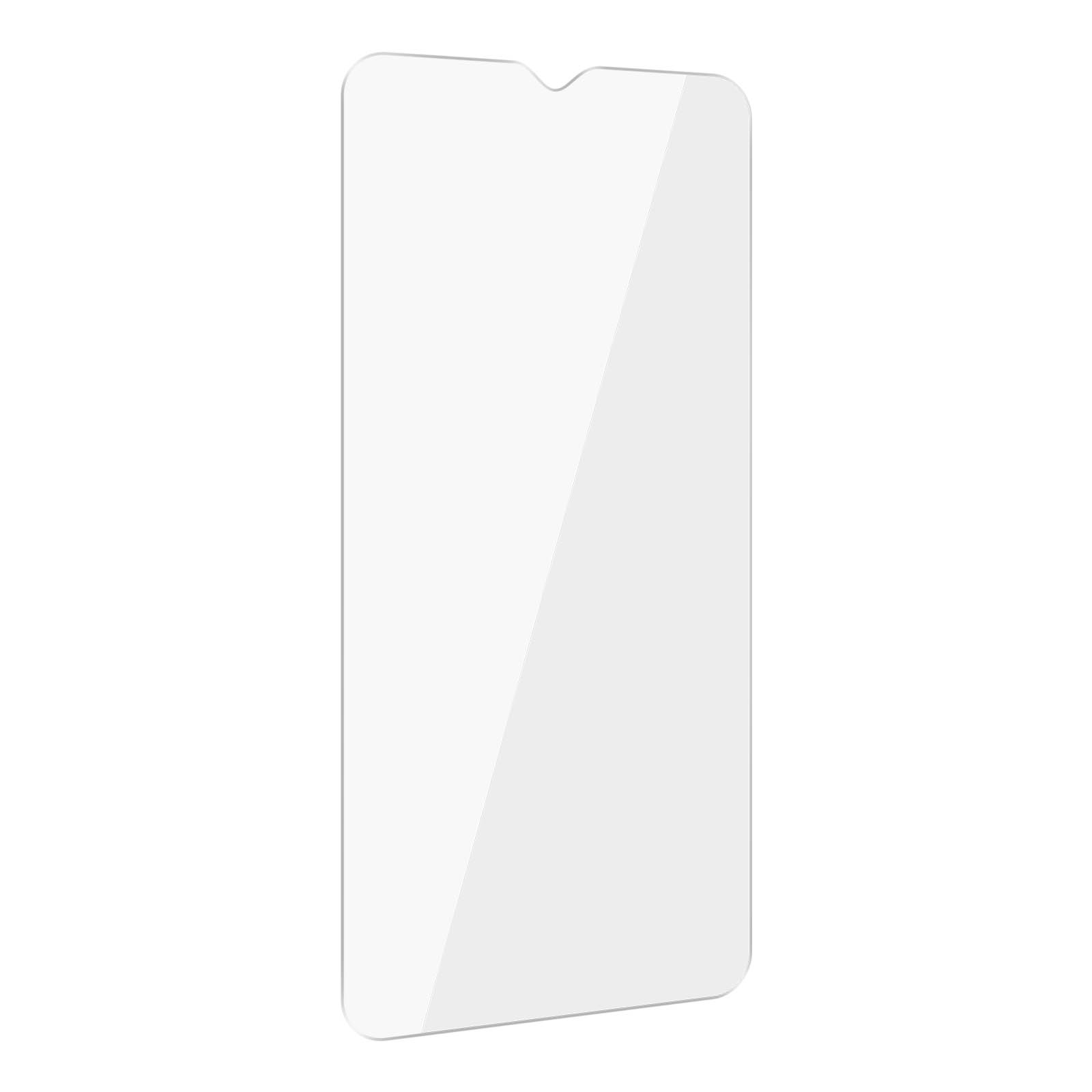 Een heldere schermbeschermer voor een smartphone. Hij is rechthoekig met een inkeping aan de bovenkant.