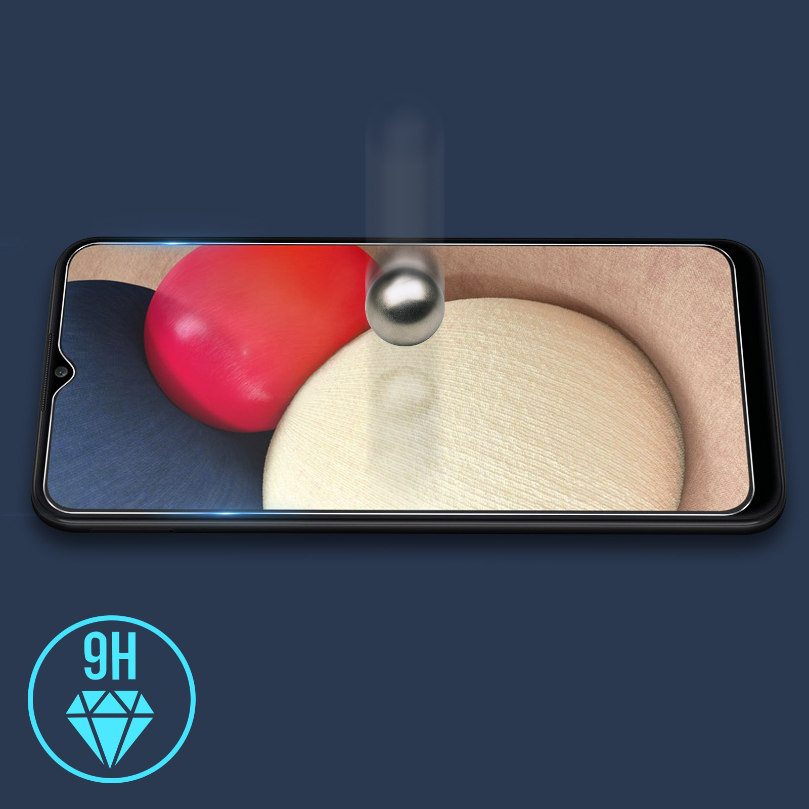 Een telefoonscherm met een glazen beschermer die wordt getest met een bal.