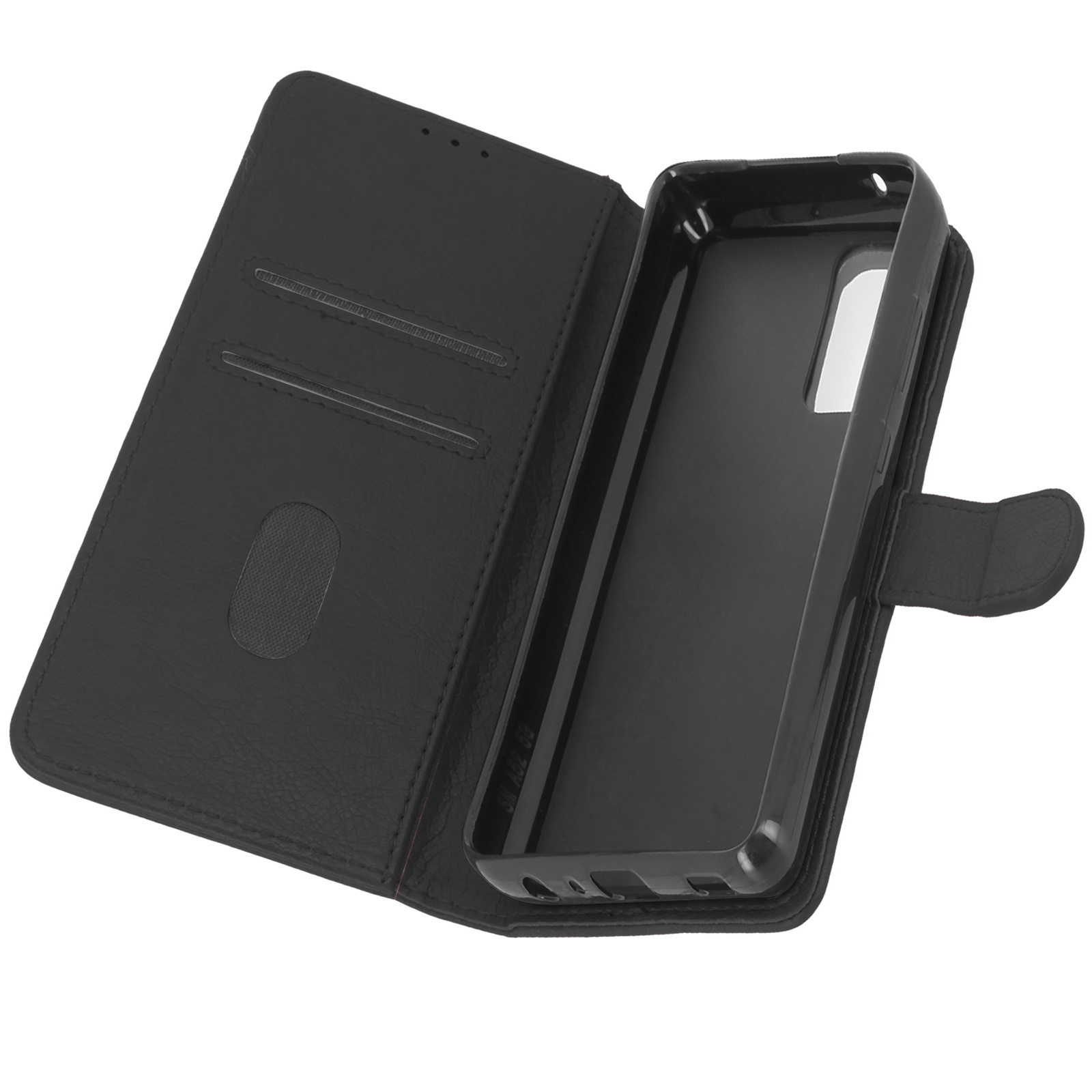 Coque de téléphone noire, ouverte. Le téléphone est à l'intérieur. Il y a une fente pour carte dans le couvercle.