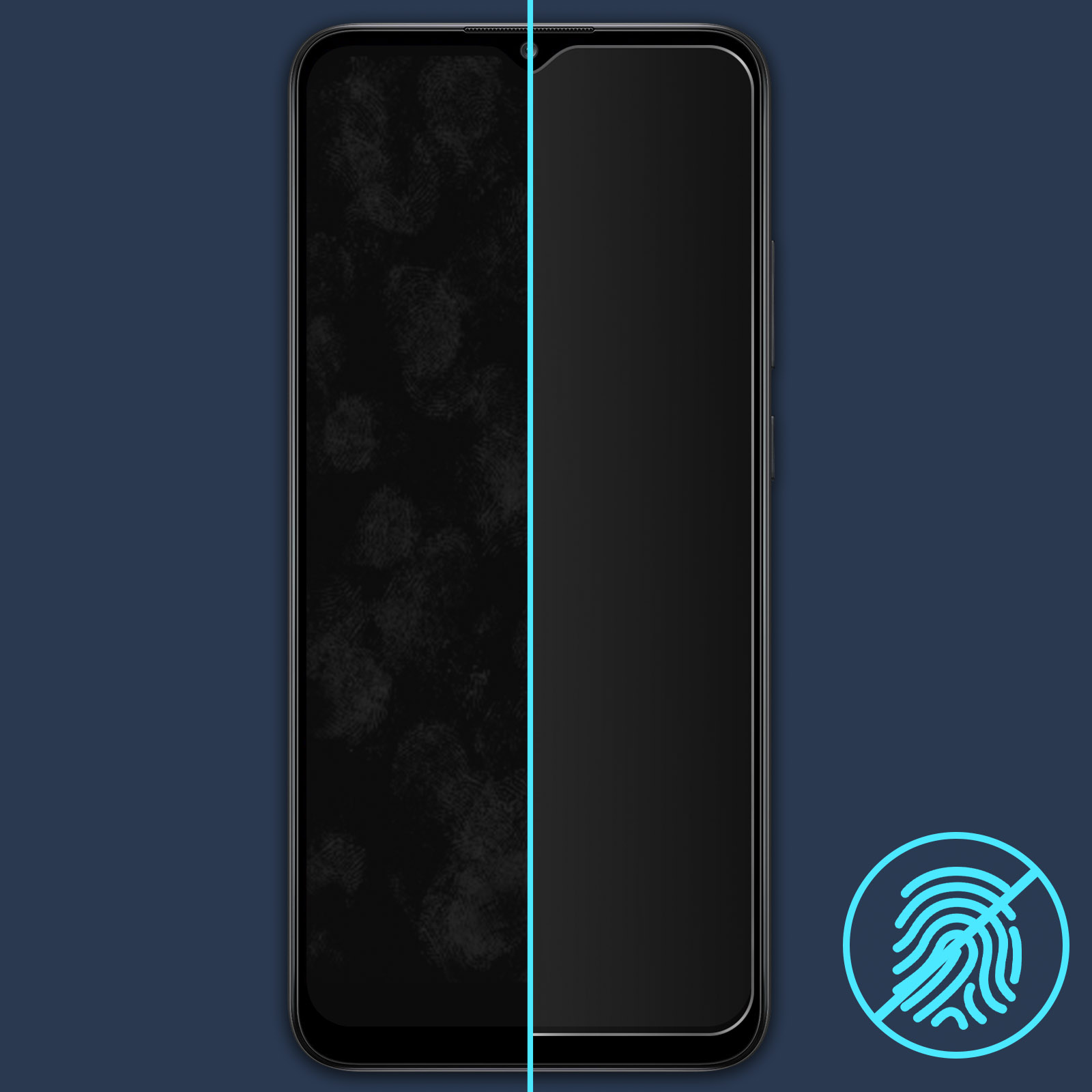 Smartphone scherm verticaal gesplitst. Vingerafdrukken links. Rechts is schoon. Vingerafdruk icoon.