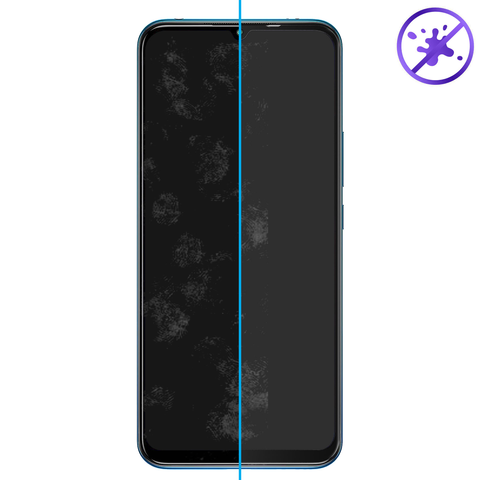 Schermo del telefono con impronte digitali, diviso da una linea blu. Un'icona di spruzzo viola con una barra è in alto a destra.