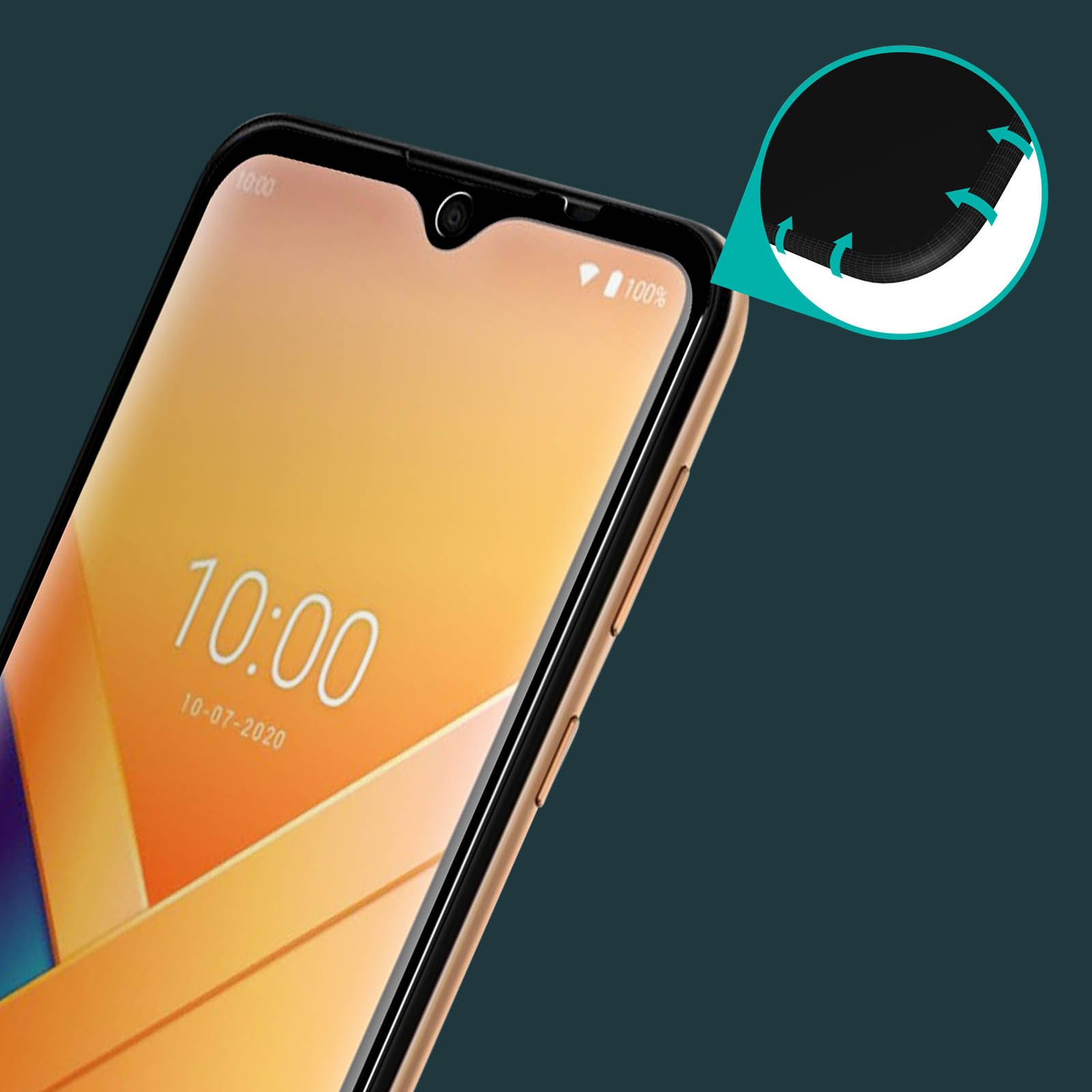 Uno smartphone mostra l'ora 10:00 sul suo schermo. Ha un bordo nero e una cornice dorata. Lo sfondo è blu scuro.